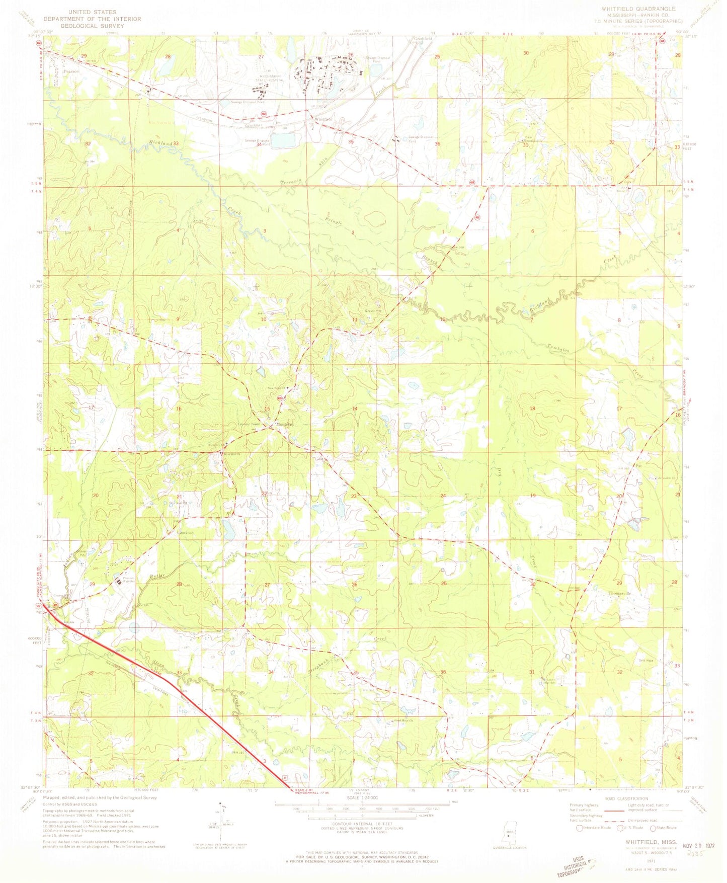 Classic USGS Whitfield Mississippi 7.5'x7.5' Topo Map Image