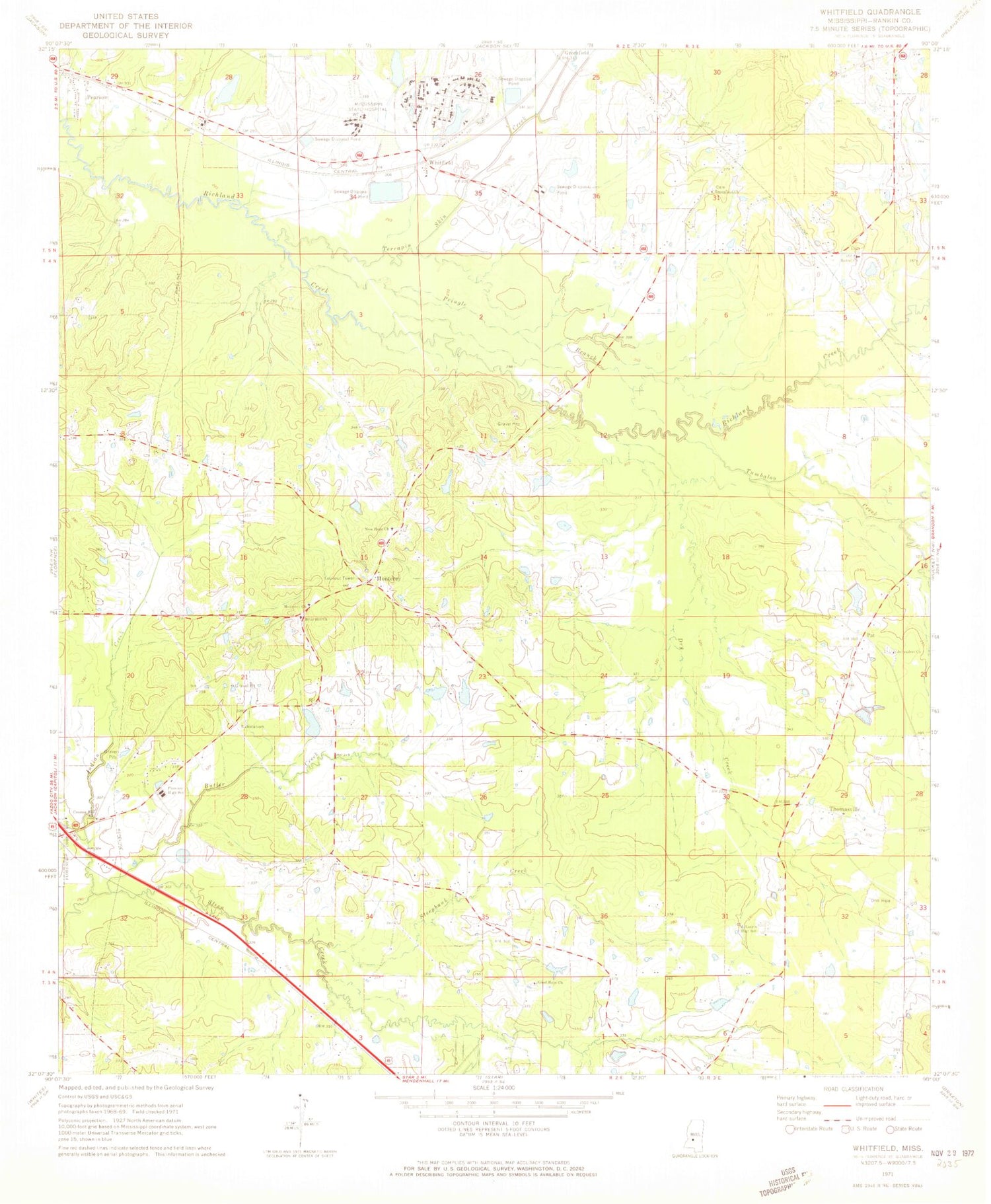 Classic USGS Whitfield Mississippi 7.5'x7.5' Topo Map Image