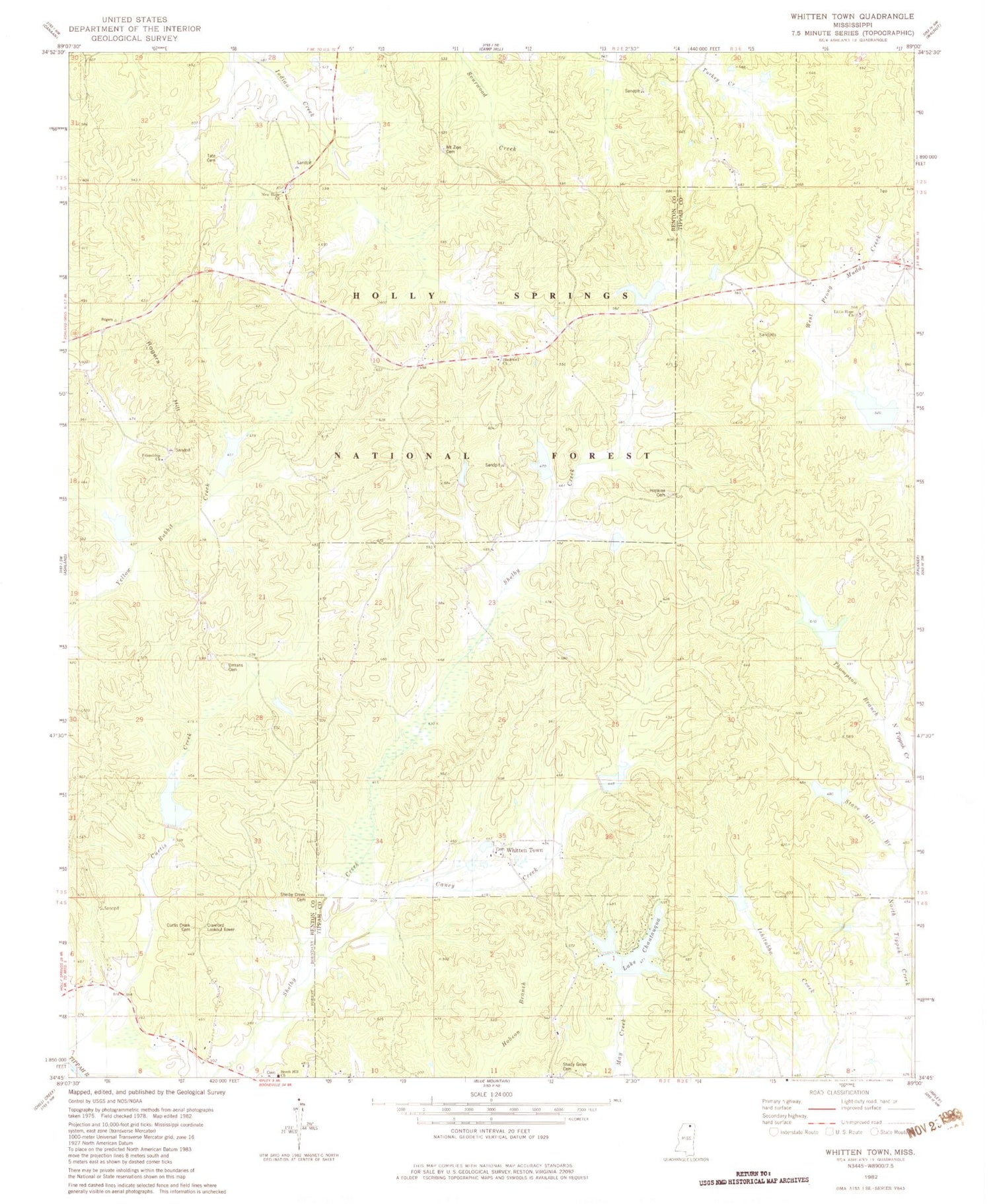 Classic USGS Whitten Town Mississippi 7.5'x7.5' Topo Map Image