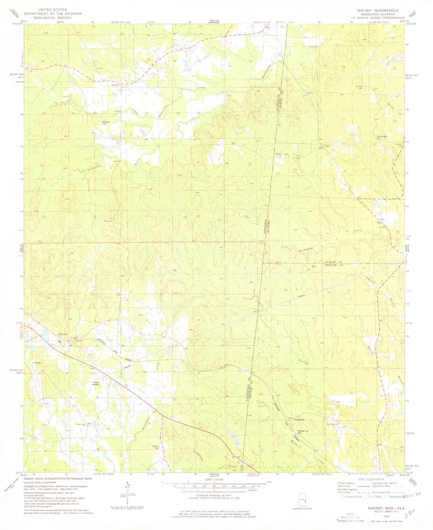 Classic USGS Whynot Mississippi 7.5'x7.5' Topo Map Image