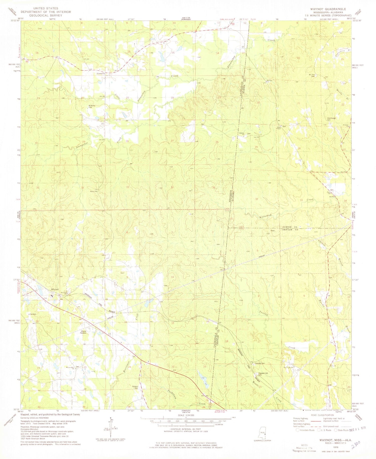 Classic USGS Whynot Mississippi 7.5'x7.5' Topo Map Image