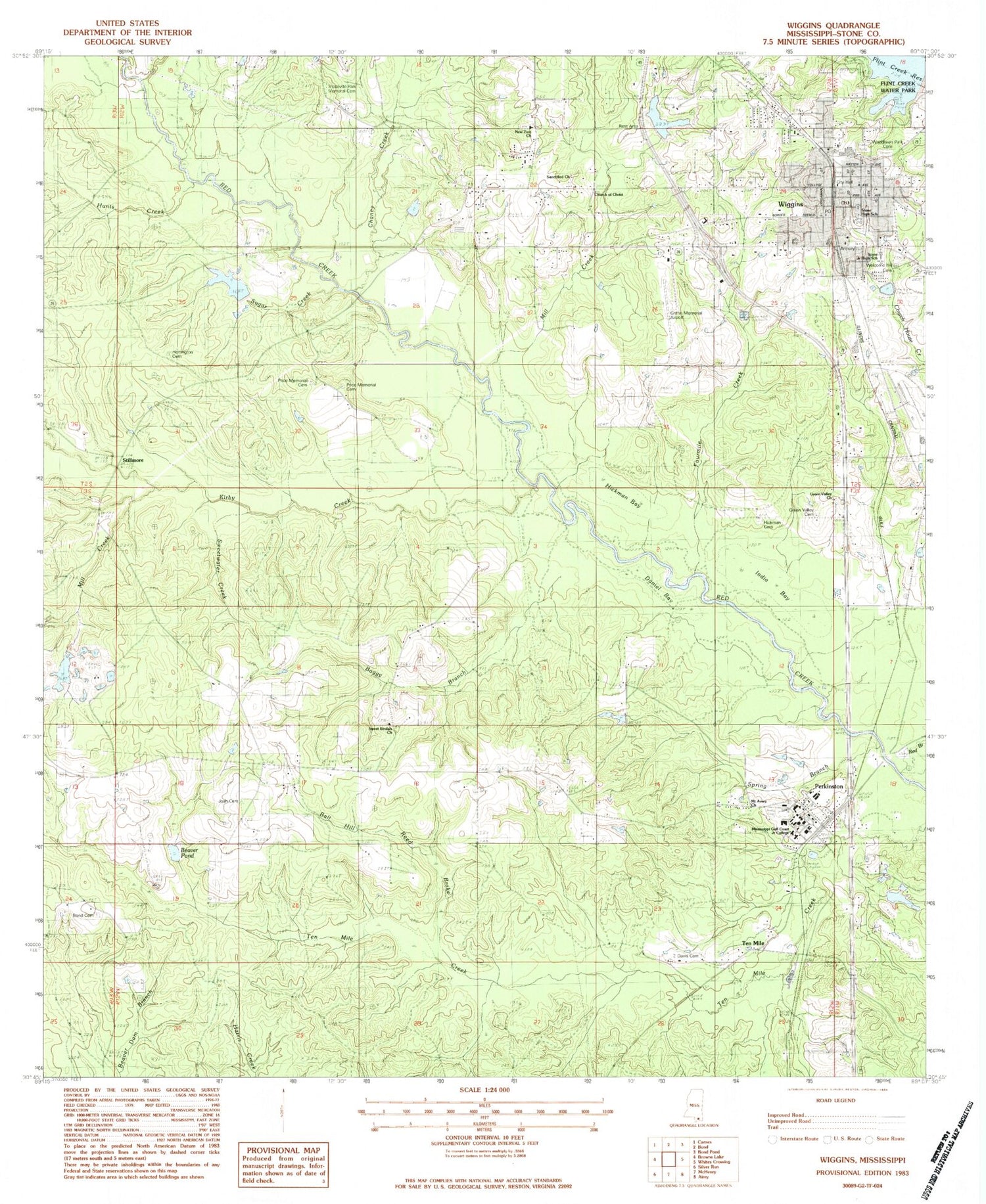 Classic USGS Wiggins Mississippi 7.5'x7.5' Topo Map Image
