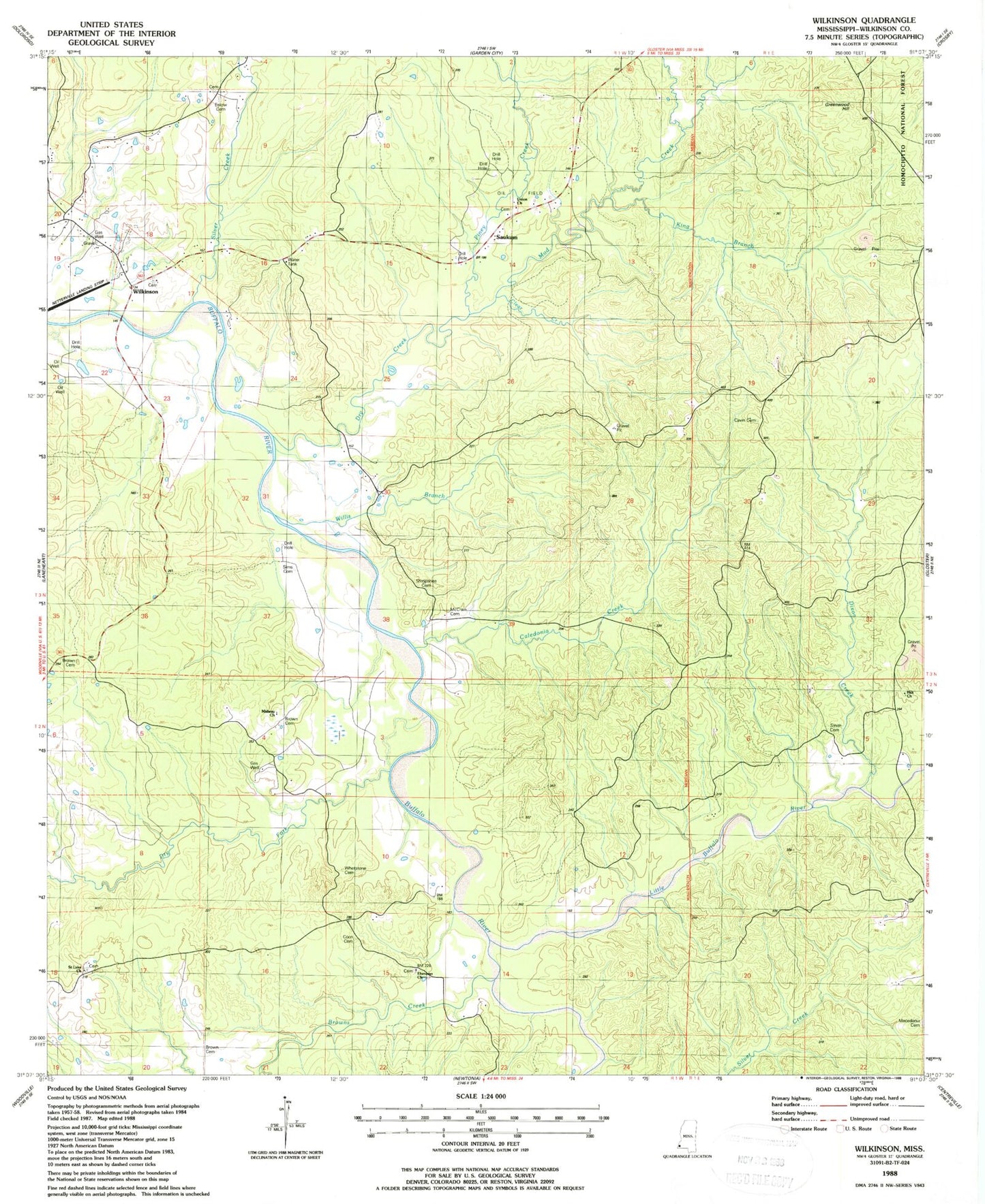 Classic USGS Wilkinson Mississippi 7.5'x7.5' Topo Map Image
