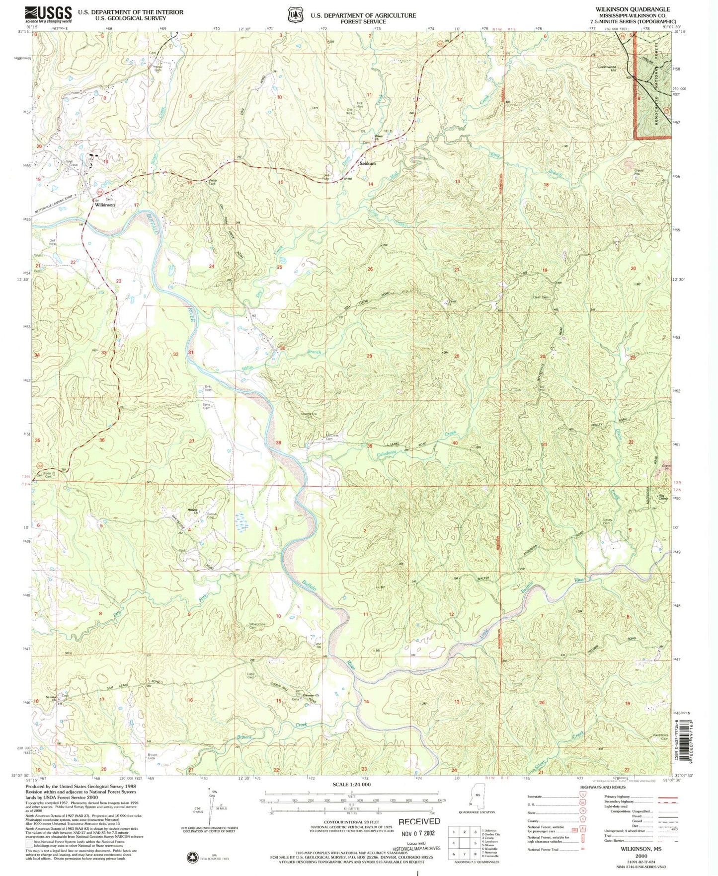 Classic USGS Wilkinson Mississippi 7.5'x7.5' Topo Map Image
