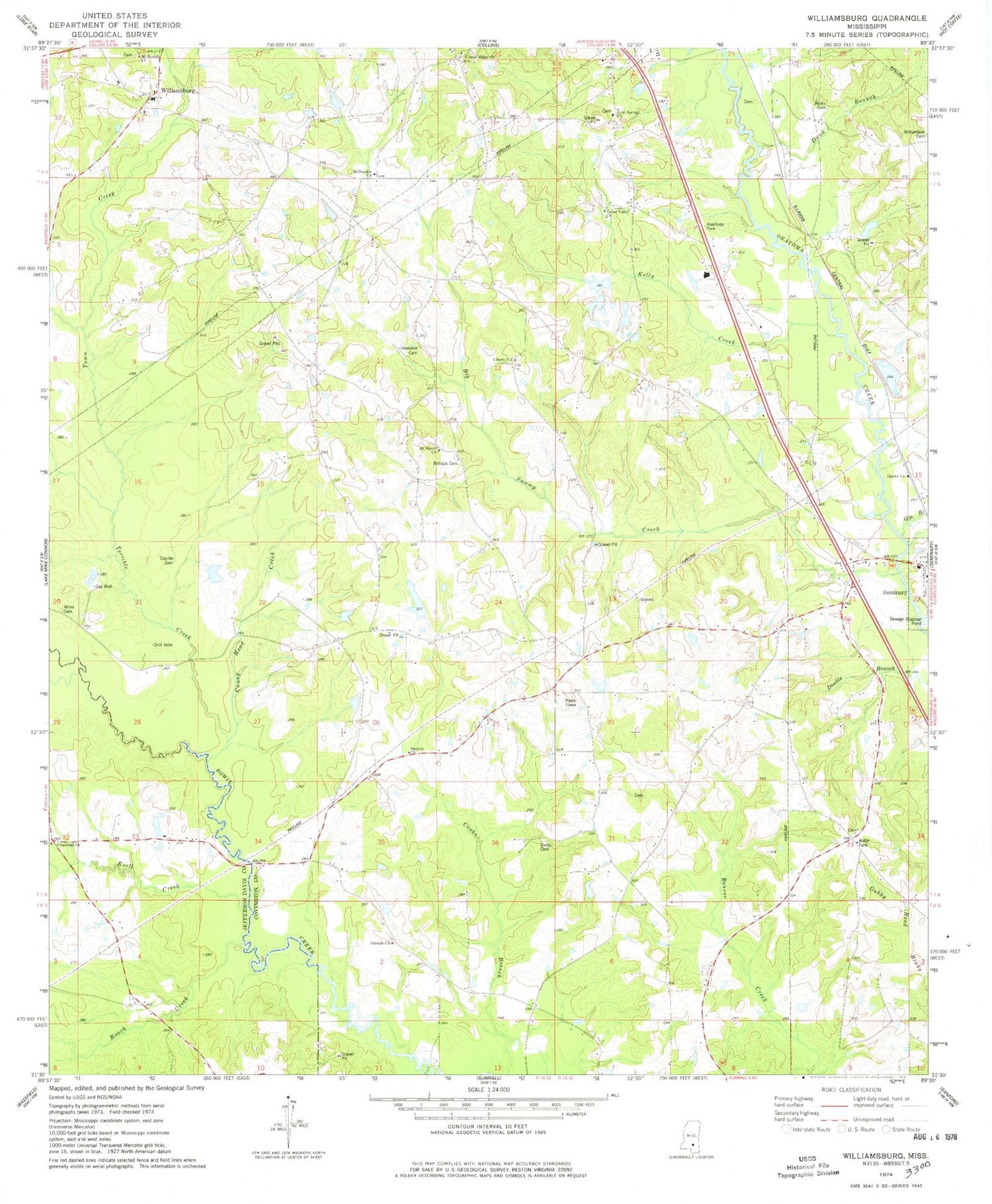 Classic USGS Williamsburg Mississippi 7.5'x7.5' Topo Map Image
