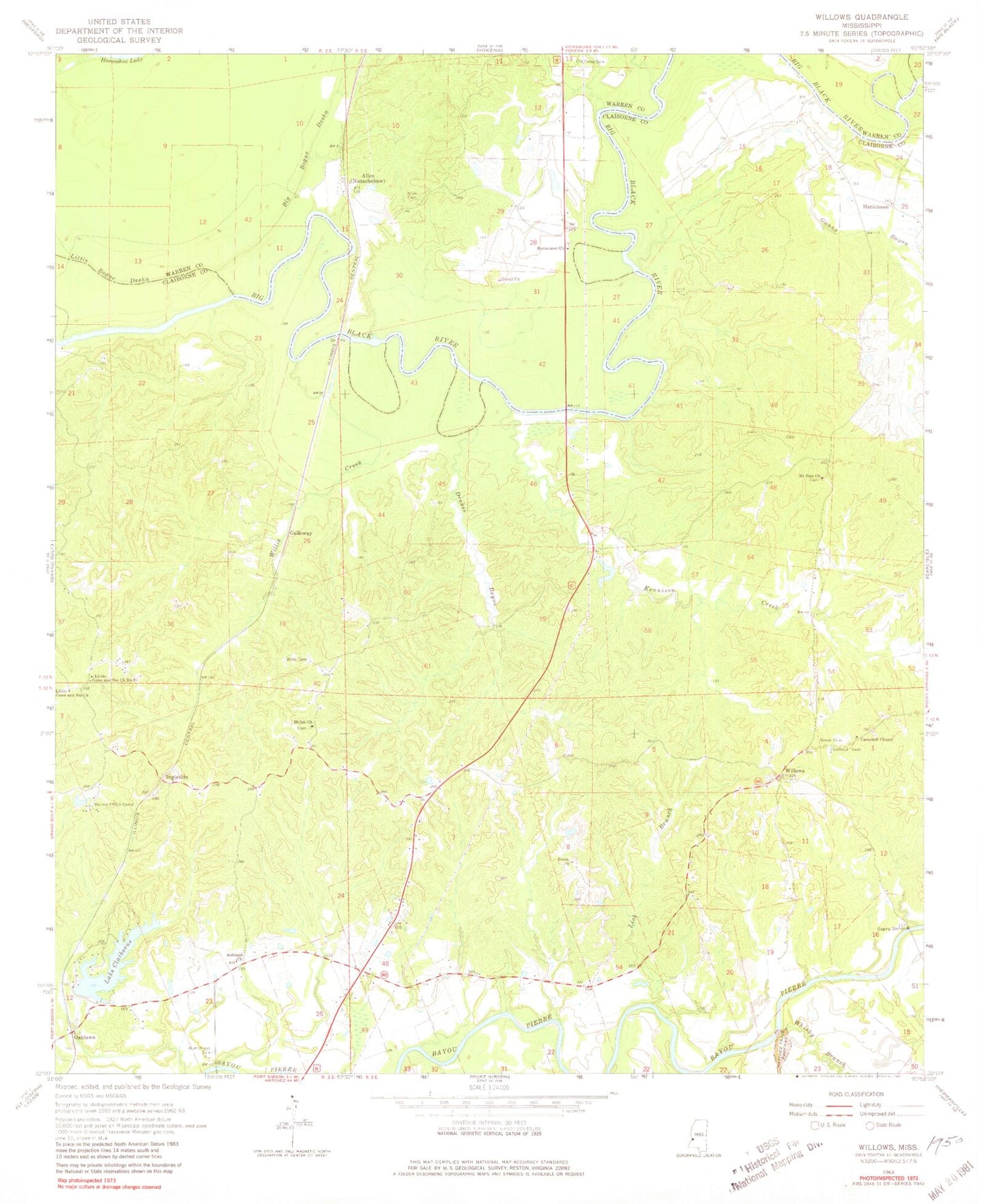 Classic USGS Willows Mississippi 7.5'x7.5' Topo Map Image