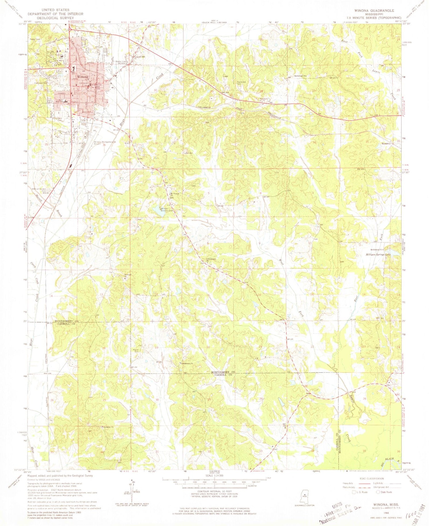 Classic USGS Winona Mississippi 7.5'x7.5' Topo Map Image