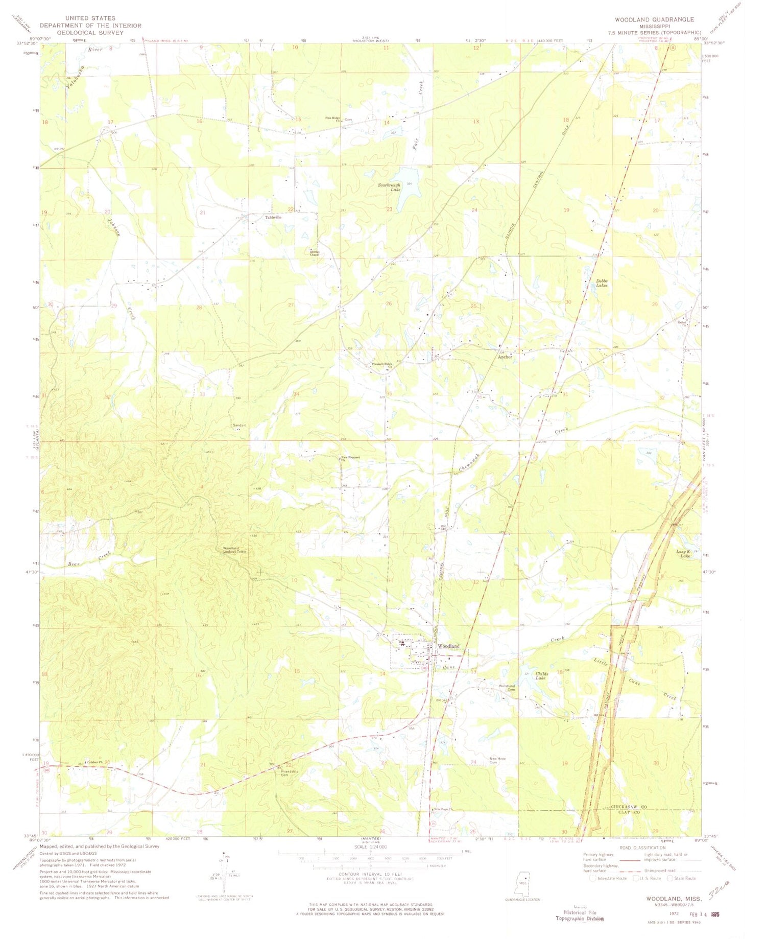 Classic USGS Woodland Mississippi 7.5'x7.5' Topo Map Image