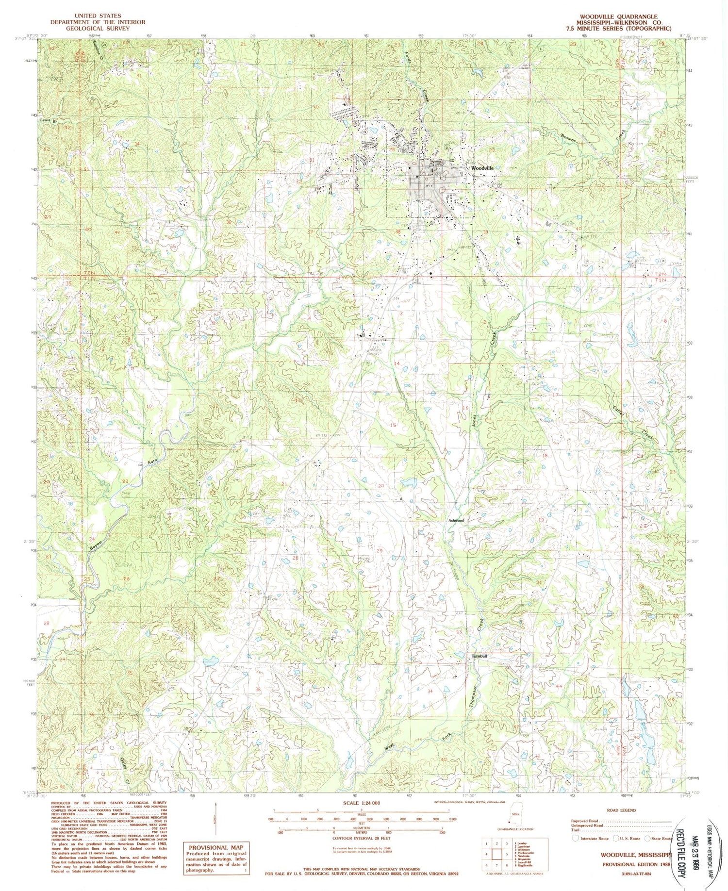Classic USGS Woodville Mississippi 7.5'x7.5' Topo Map Image