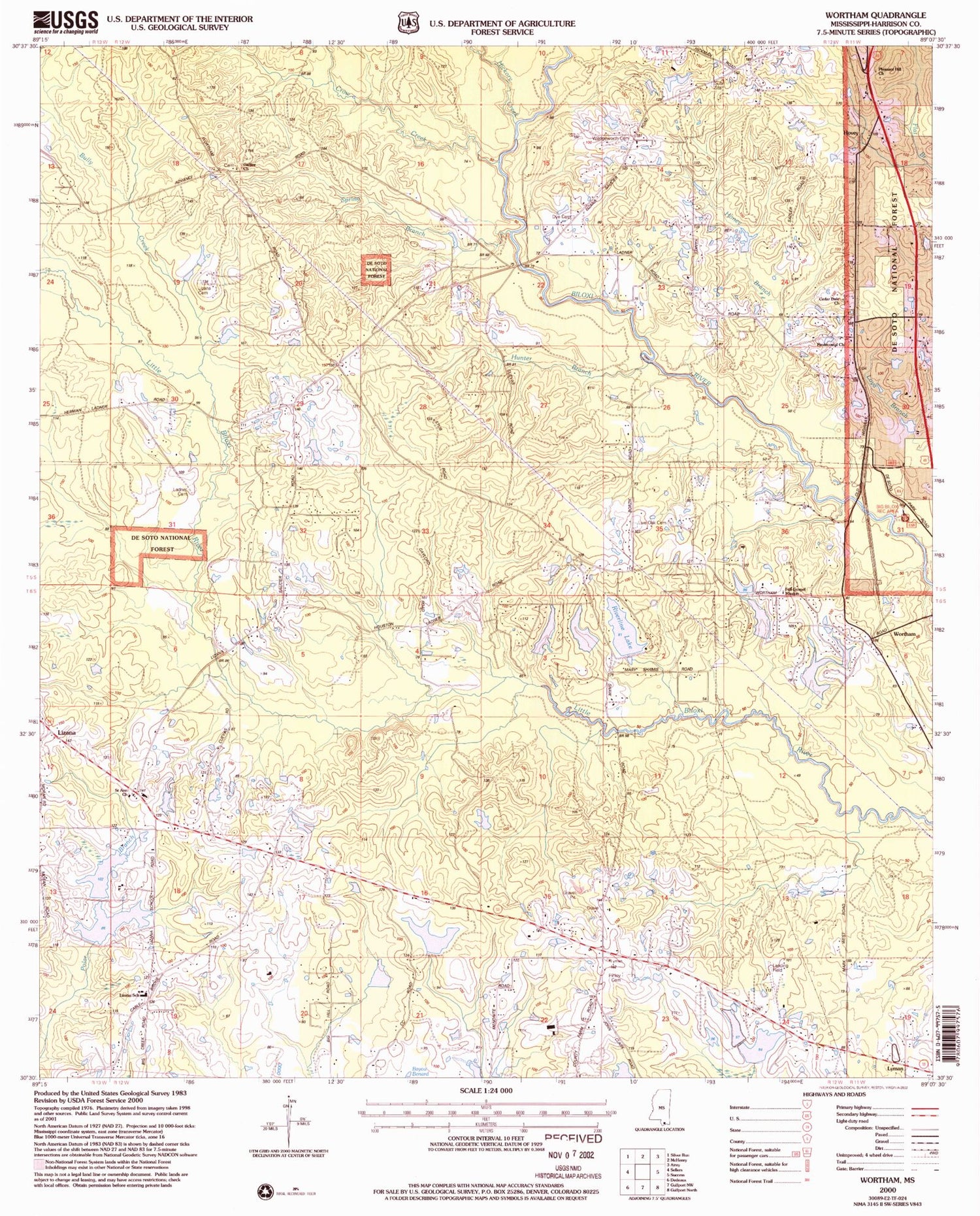 Classic USGS Wortham Mississippi 7.5'x7.5' Topo Map Image