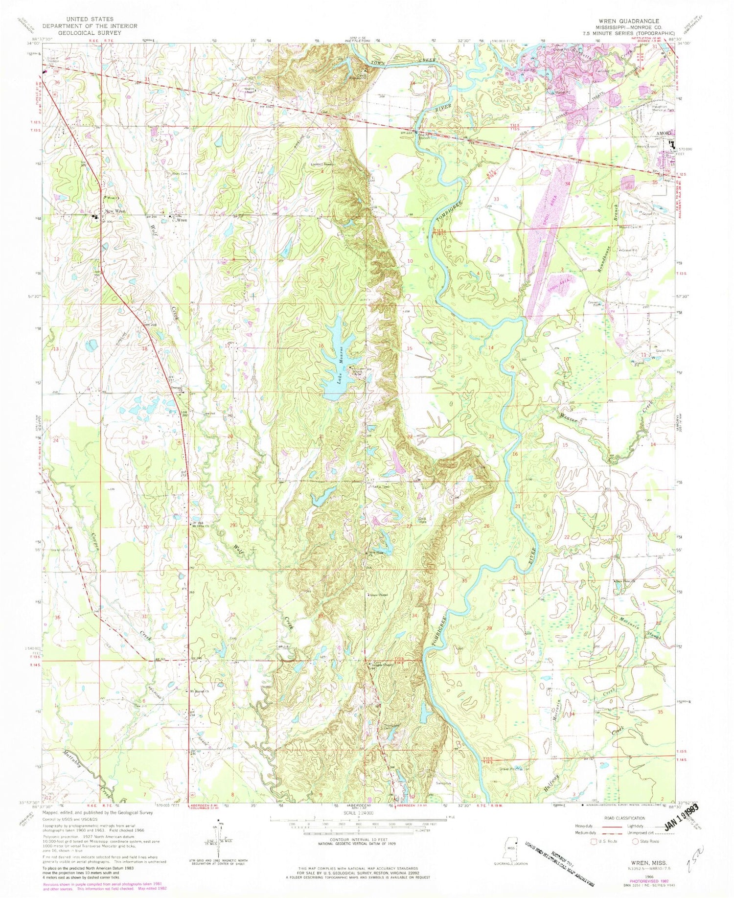 Classic USGS Wren Mississippi 7.5'x7.5' Topo Map Image