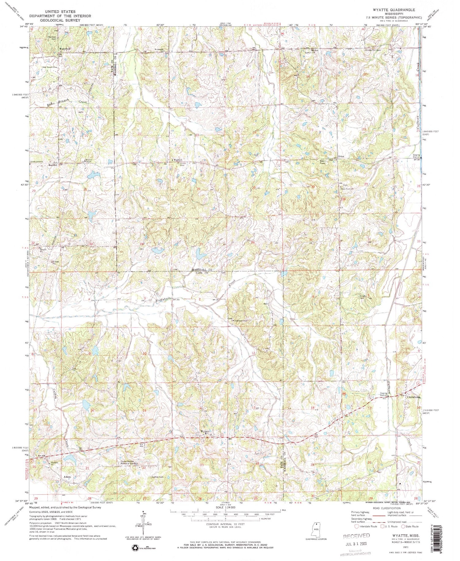 Classic USGS Wyatte Mississippi 7.5'x7.5' Topo Map Image