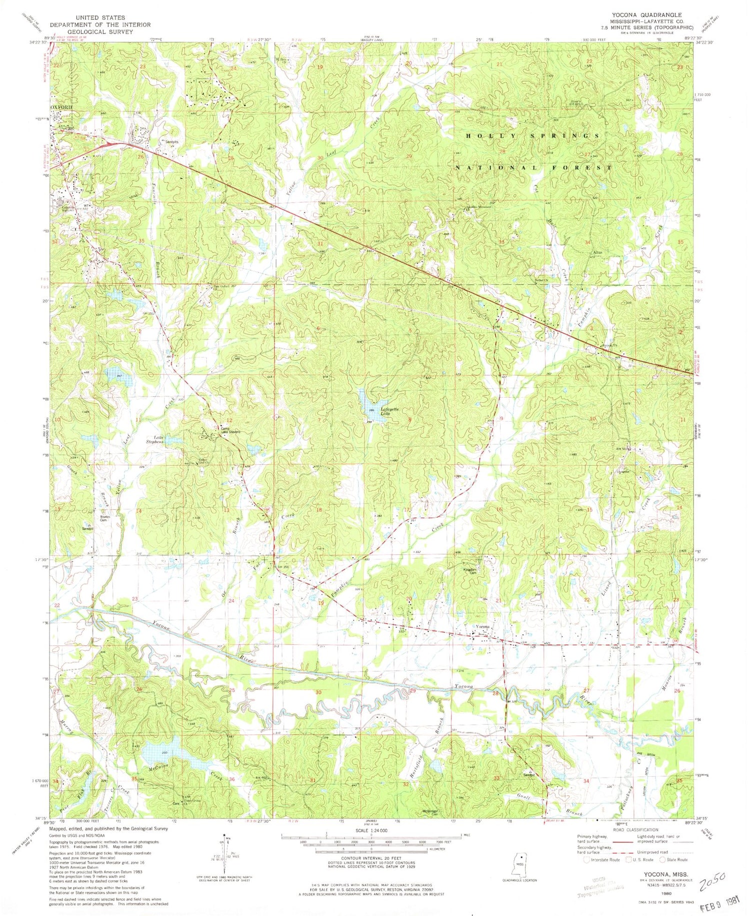 Classic USGS Yocona Mississippi 7.5'x7.5' Topo Map Image