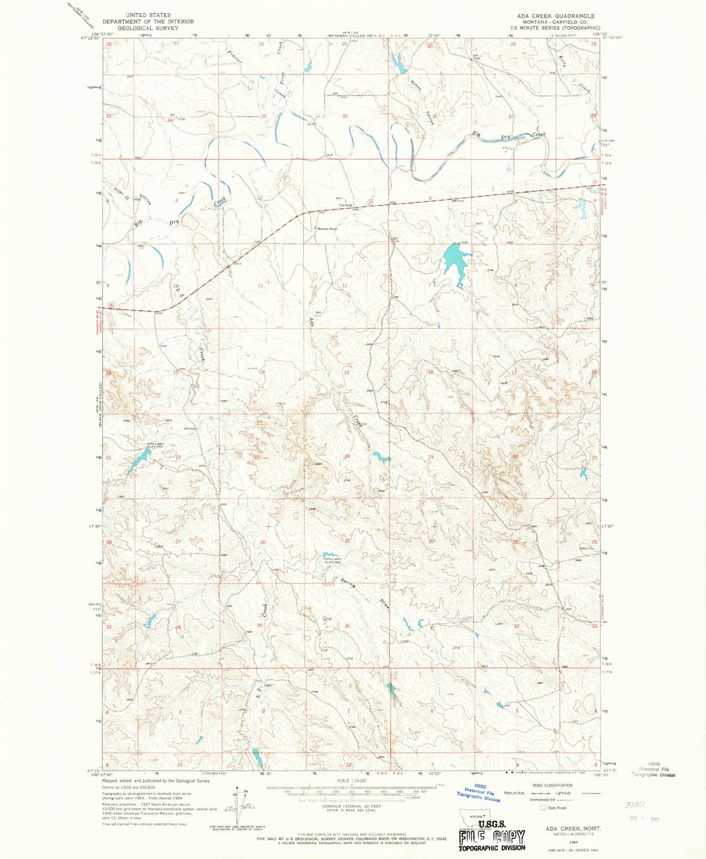 Classic USGS Ada Creek Montana 7.5'x7.5' Topo Map Image