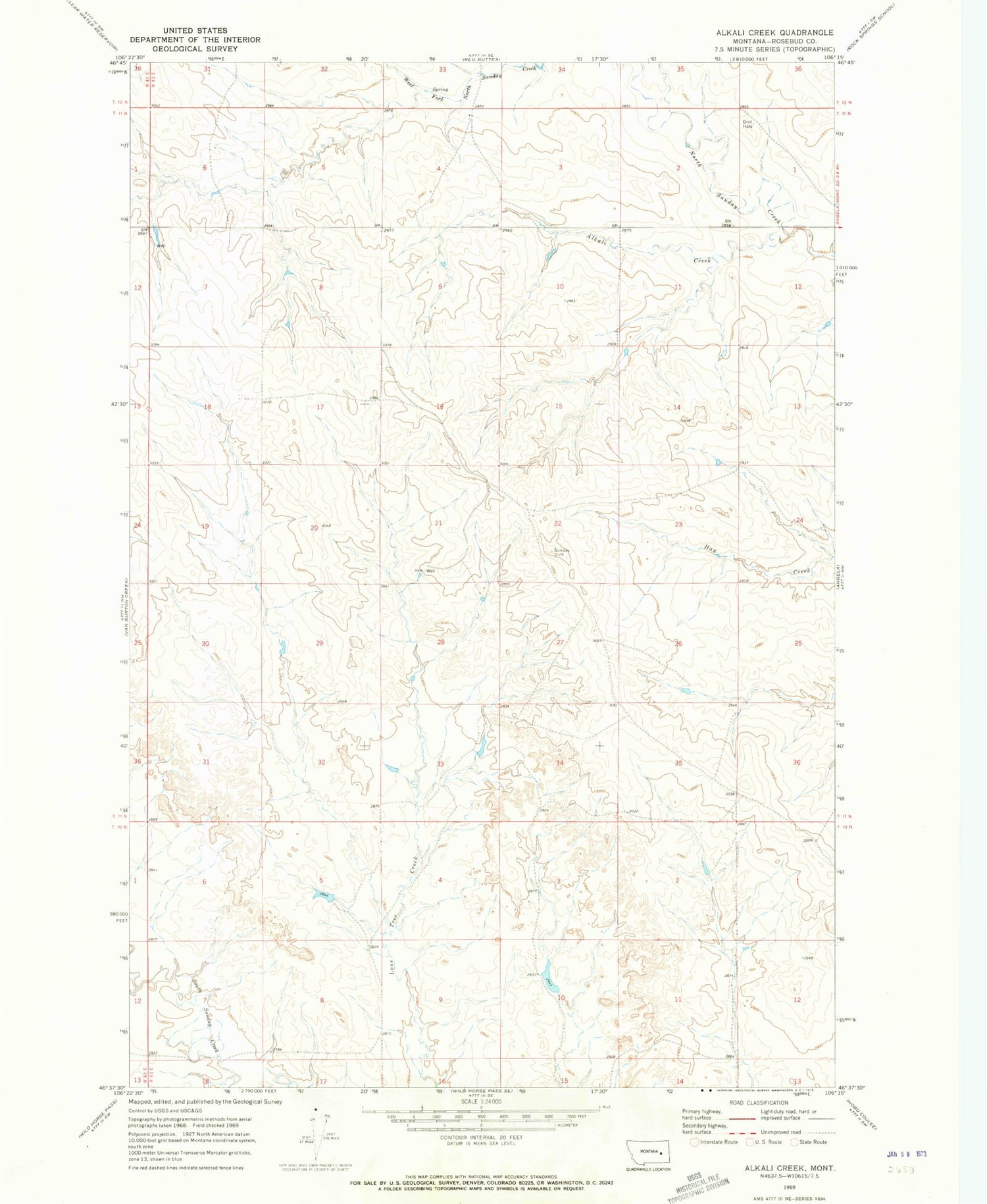 Classic USGS Alkali Creek Montana 7.5'x7.5' Topo Map Image