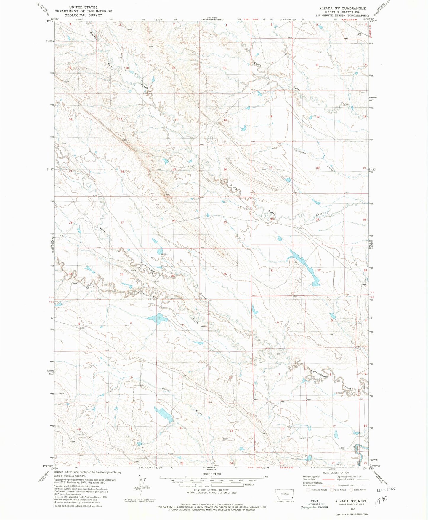 Classic USGS Alzada NW Montana 7.5'x7.5' Topo Map Image