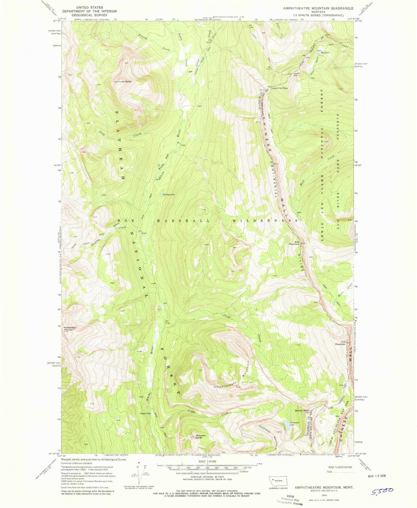 Classic USGS Amphitheatre Mountain Montana 7.5'x7.5' Topo Map Image