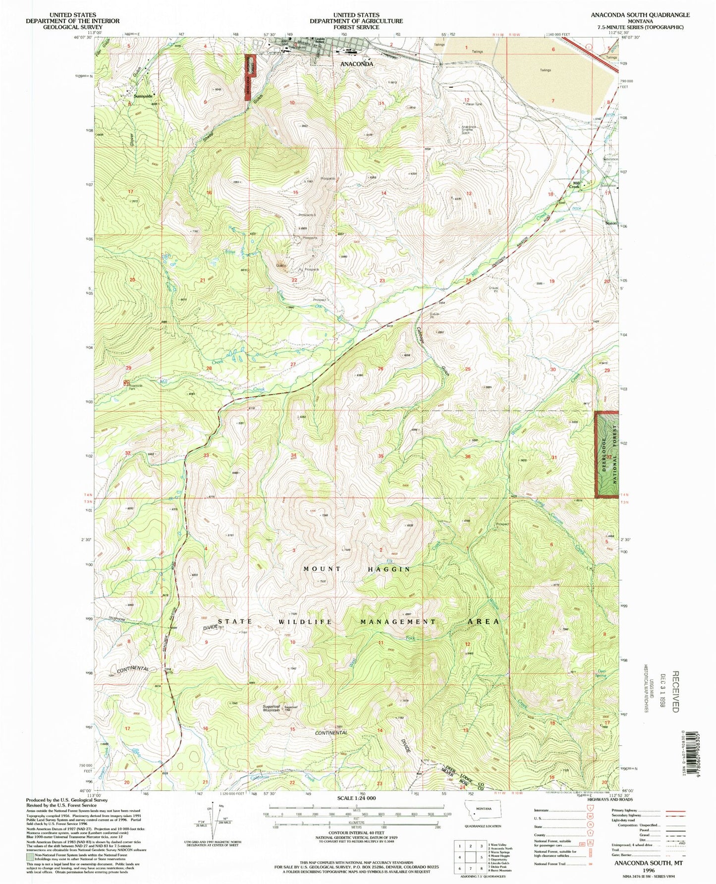 Classic USGS Anaconda South Montana 7.5'x7.5' Topo Map Image