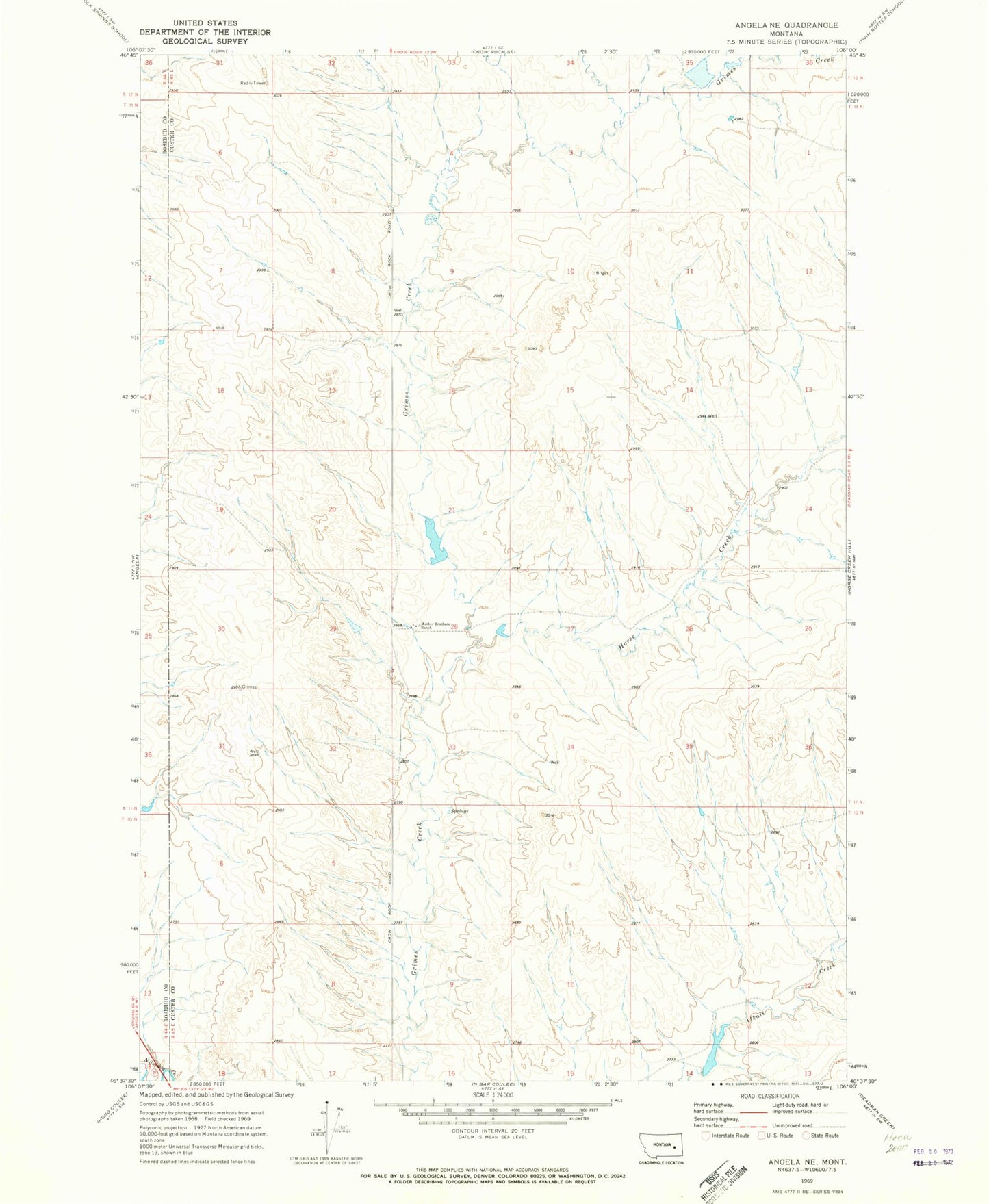 Classic USGS Angela NE Montana 7.5'x7.5' Topo Map Image