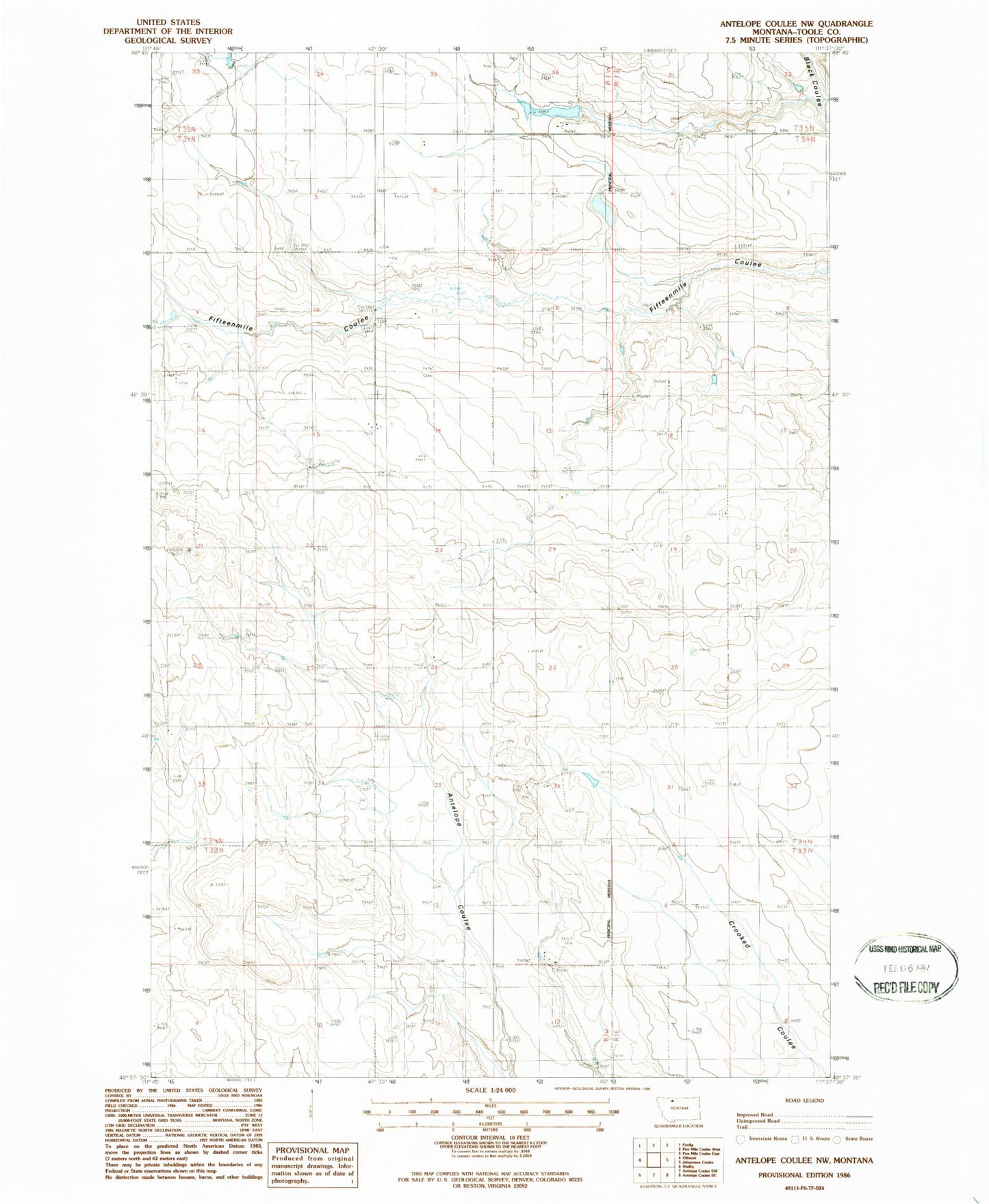 Classic USGS Antelope Coulee NW Montana 7.5'x7.5' Topo Map Image