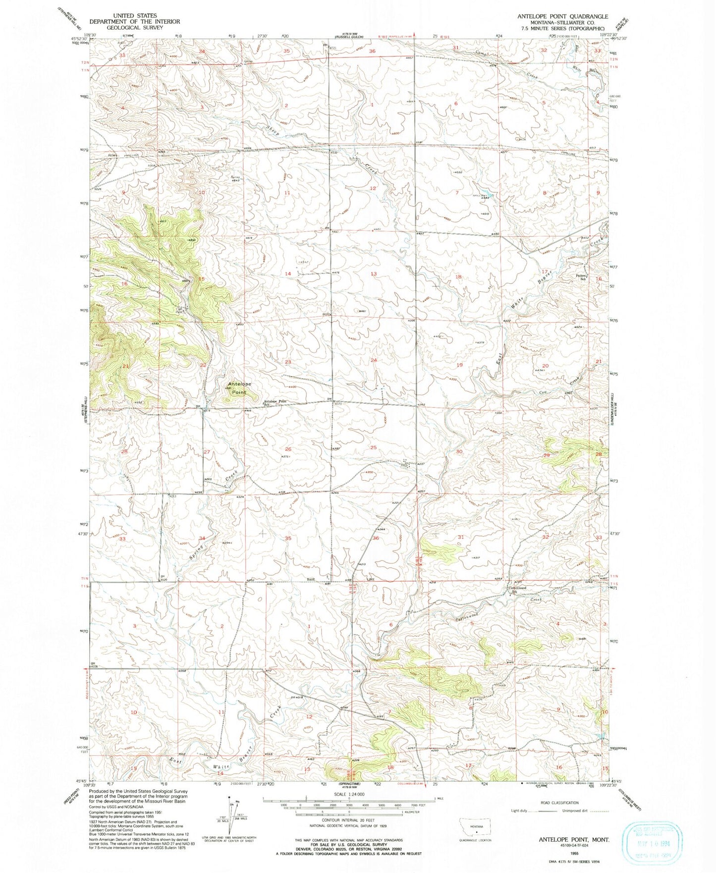 Classic USGS Antelope Point Montana 7.5'x7.5' Topo Map Image