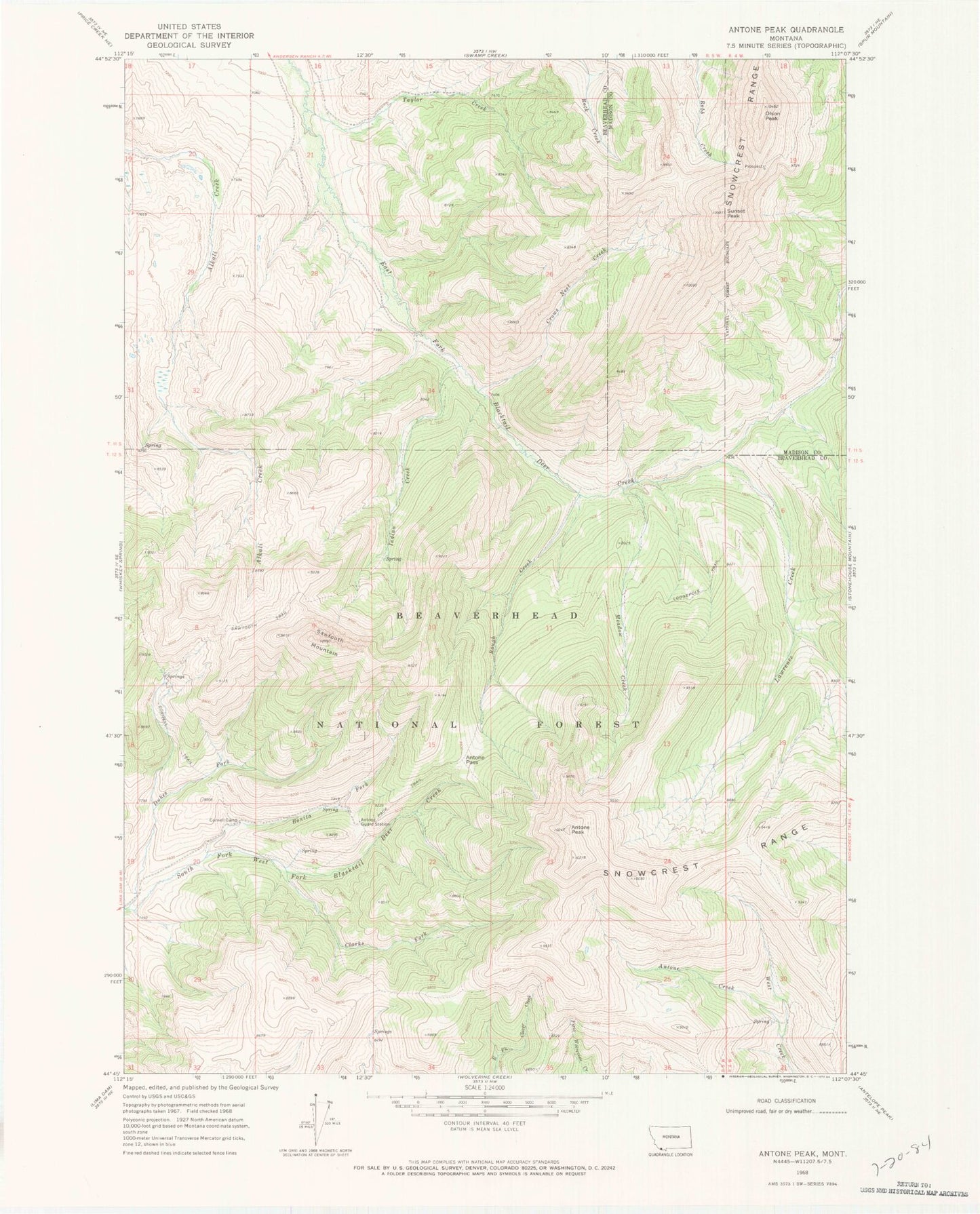 Classic USGS Antone Peak Montana 7.5'x7.5' Topo Map Image