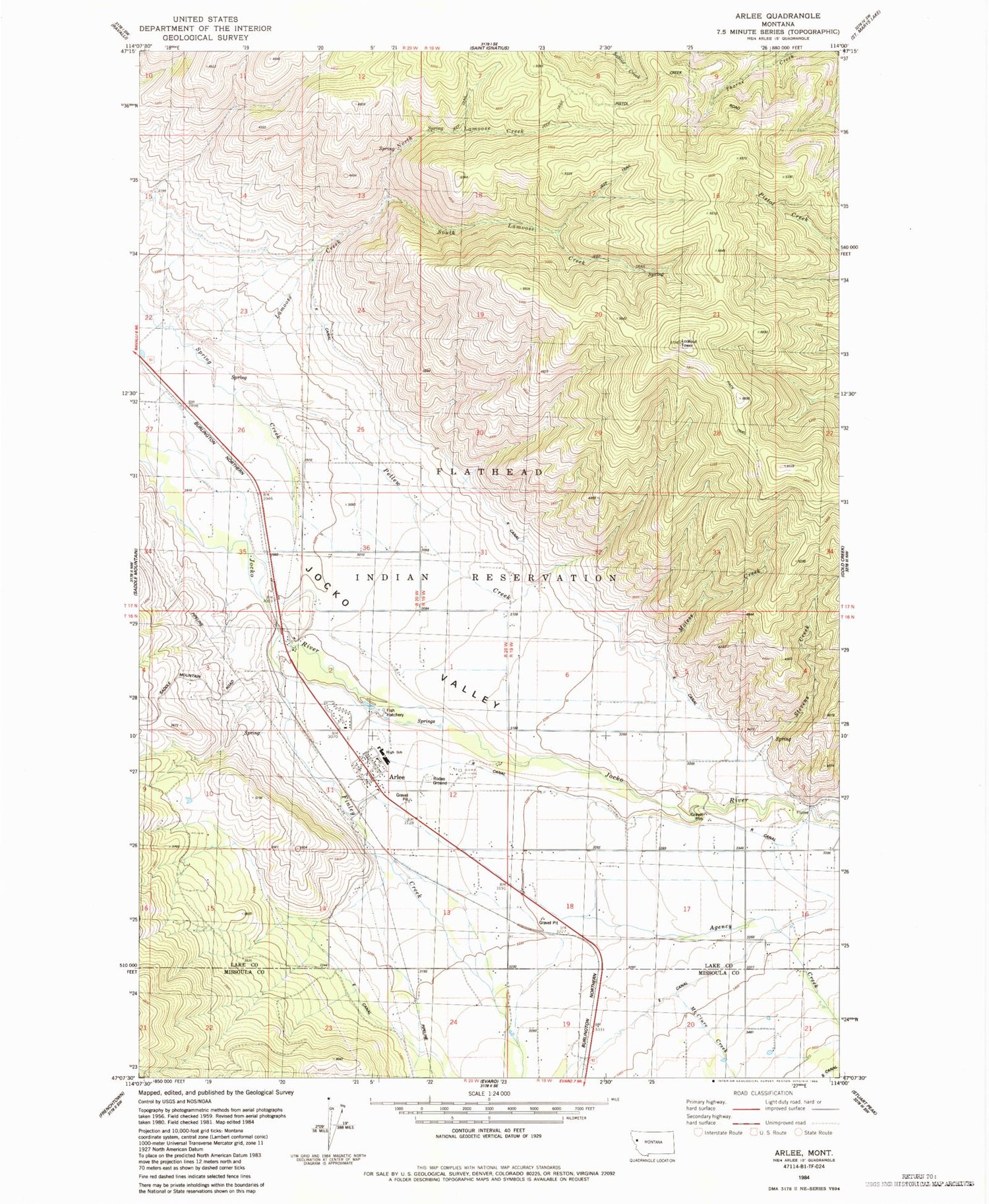 Classic USGS Arlee Montana 7.5'x7.5' Topo Map Image