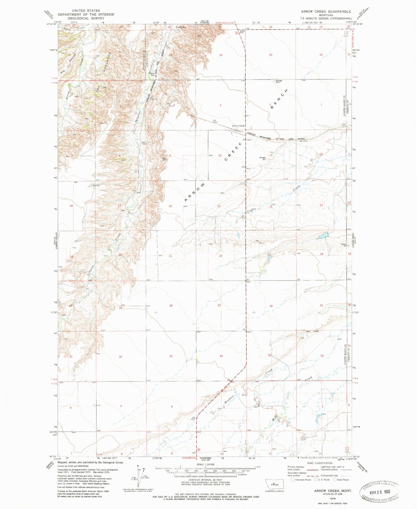 Classic USGS Arrow Creek Montana 7.5'x7.5' Topo Map Image