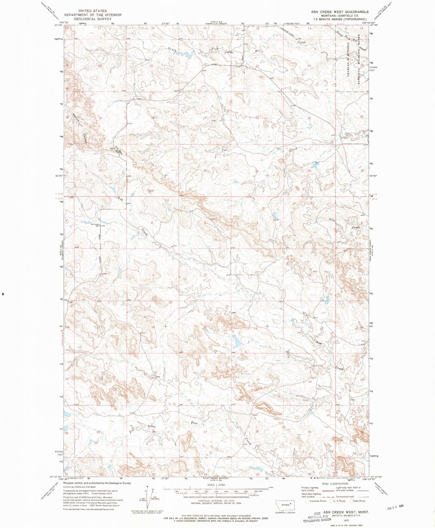 Classic USGS Ash Creek West Montana 7.5'x7.5' Topo Map Image