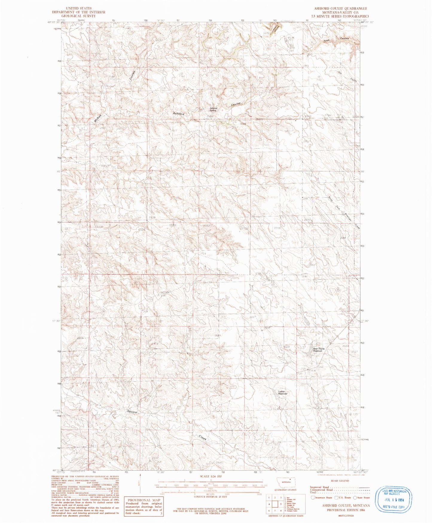 Classic USGS Ashford Coulee Montana 7.5'x7.5' Topo Map Image