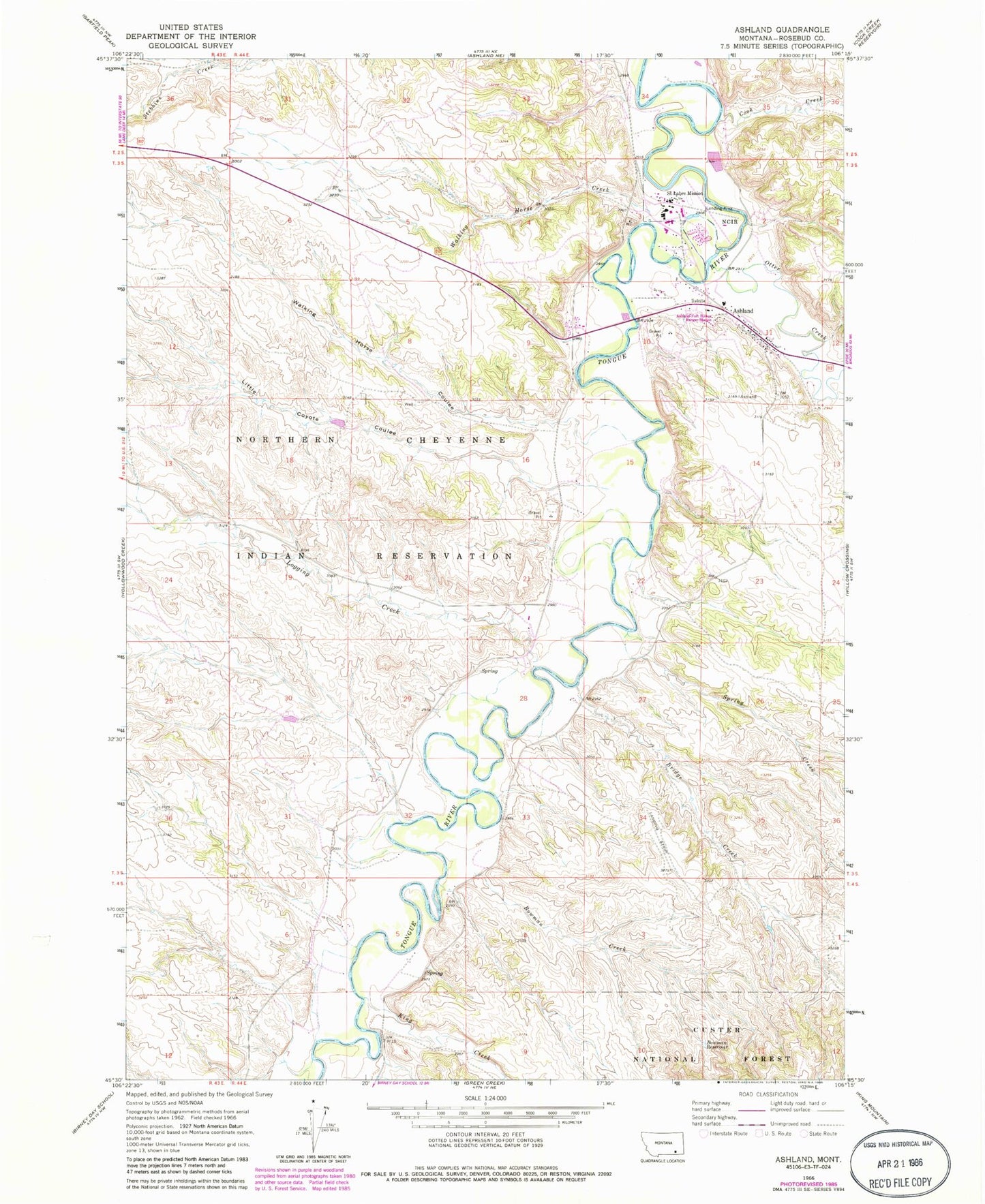 Classic USGS Ashland Montana 7.5'x7.5' Topo Map Image