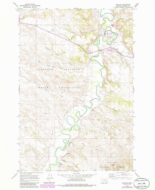 Classic USGS Ashland Montana 7.5'x7.5' Topo Map Image