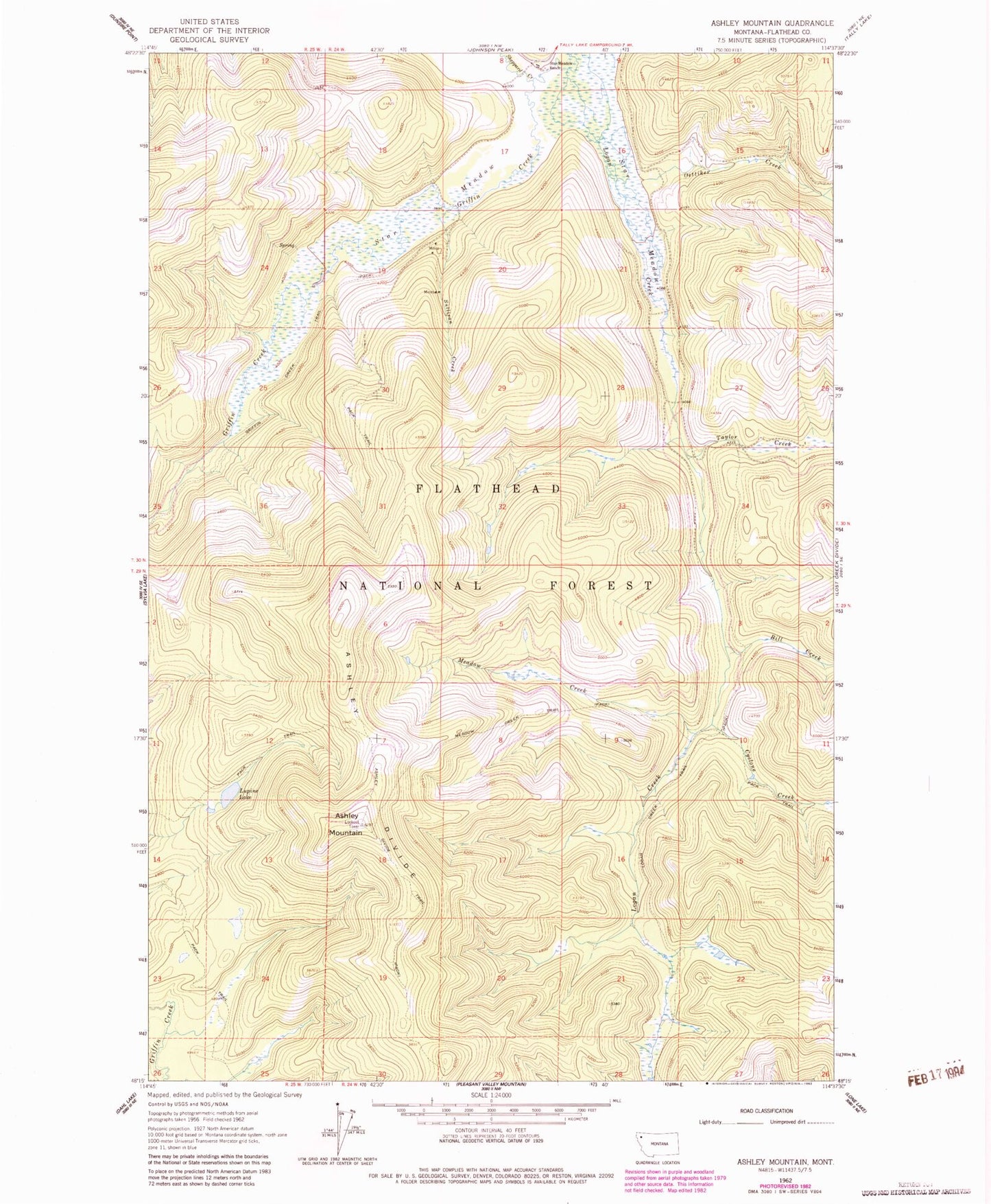 Classic USGS Ashley Mountain Montana 7.5'x7.5' Topo Map Image