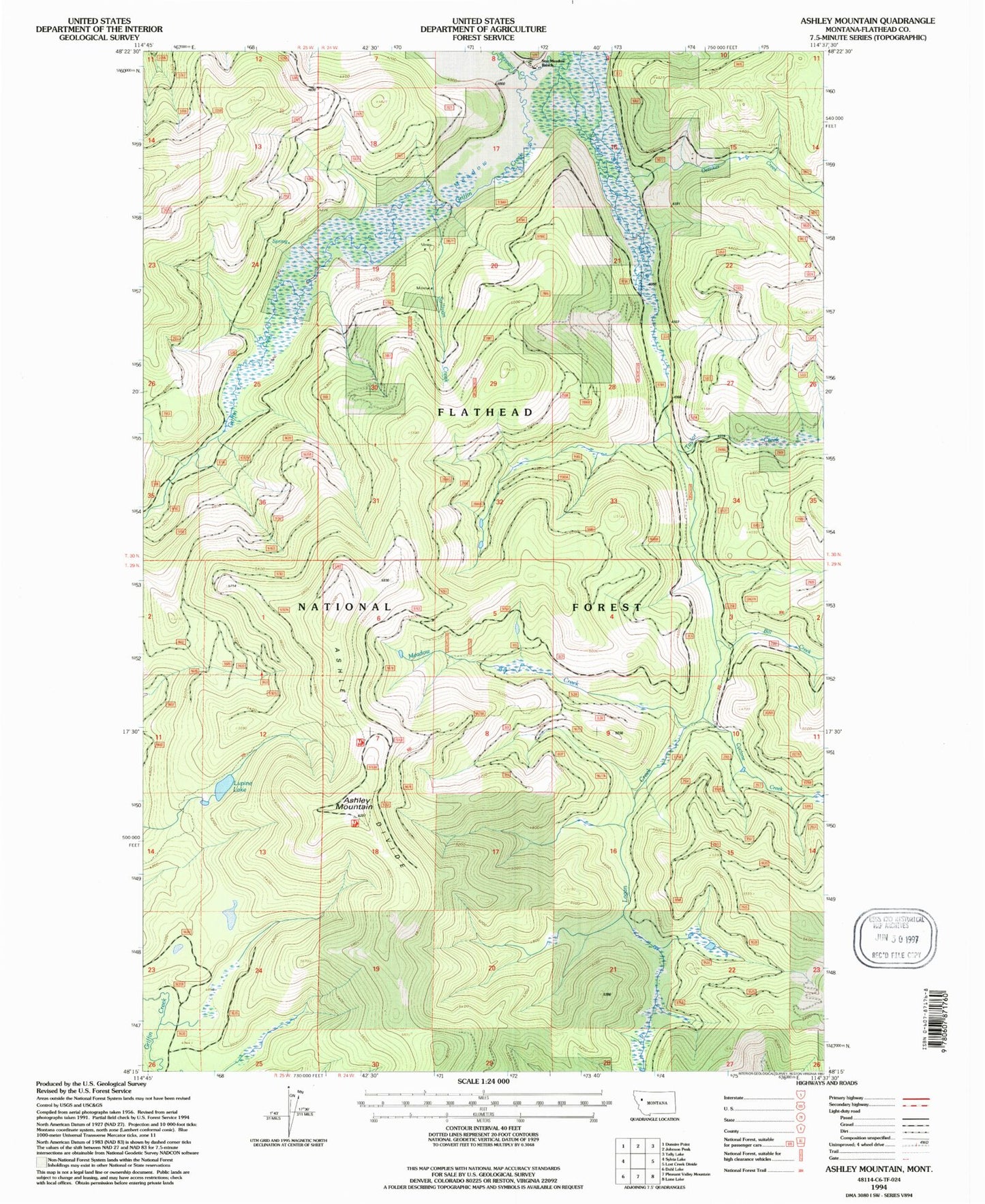 Classic USGS Ashley Mountain Montana 7.5'x7.5' Topo Map Image