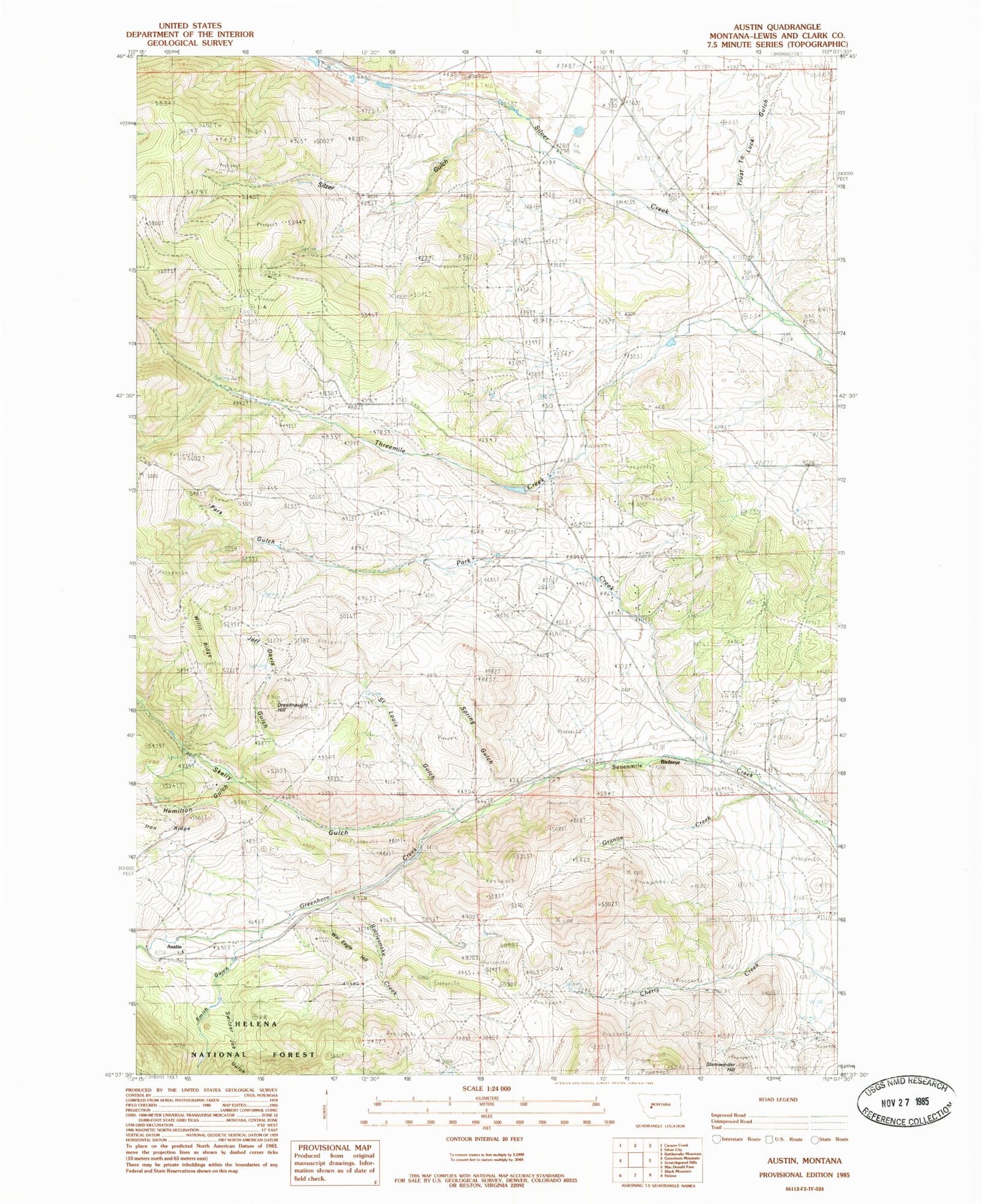 Classic USGS Austin Montana 7.5'x7.5' Topo Map Image