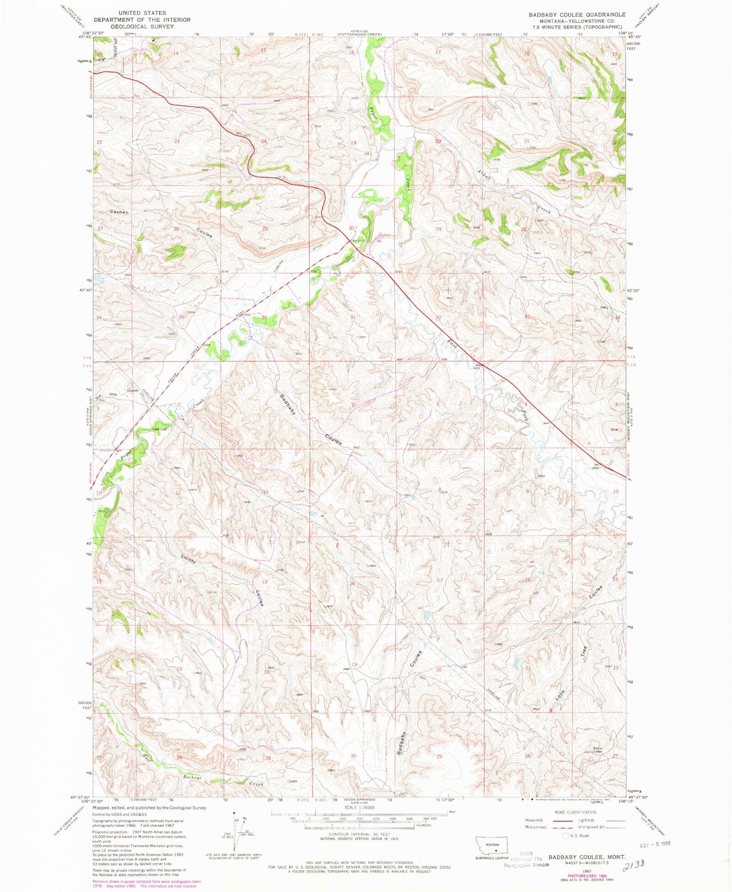 Classic USGS Badbaby Coulee Montana 7.5'x7.5' Topo Map Image