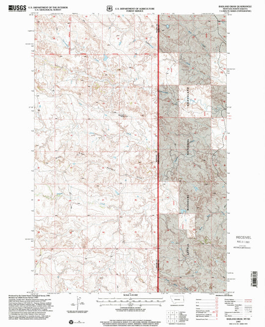 Classic USGS Badland Draw Montana 7.5'x7.5' Topo Map Image