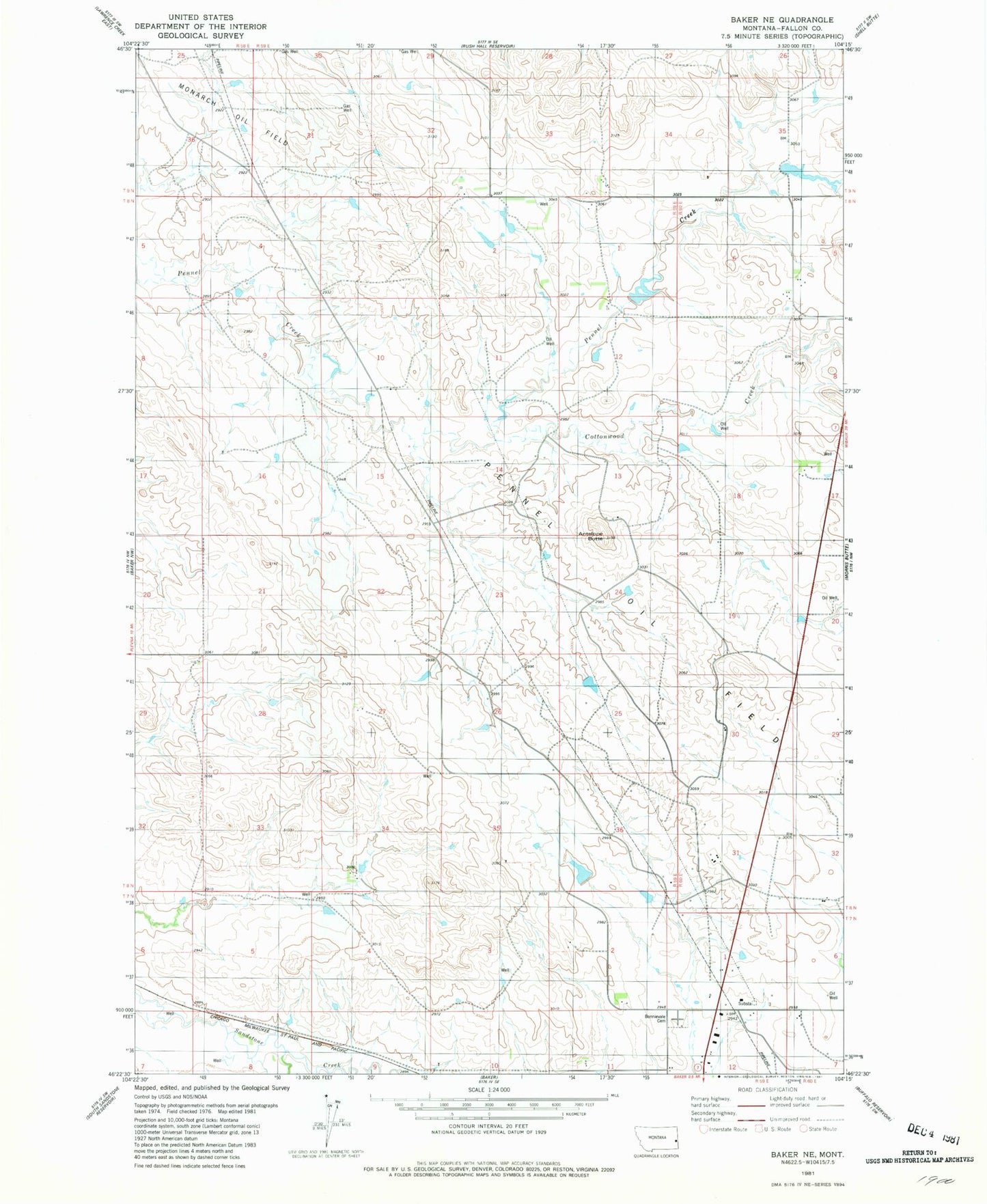 Classic USGS Baker NE Montana 7.5'x7.5' Topo Map Image