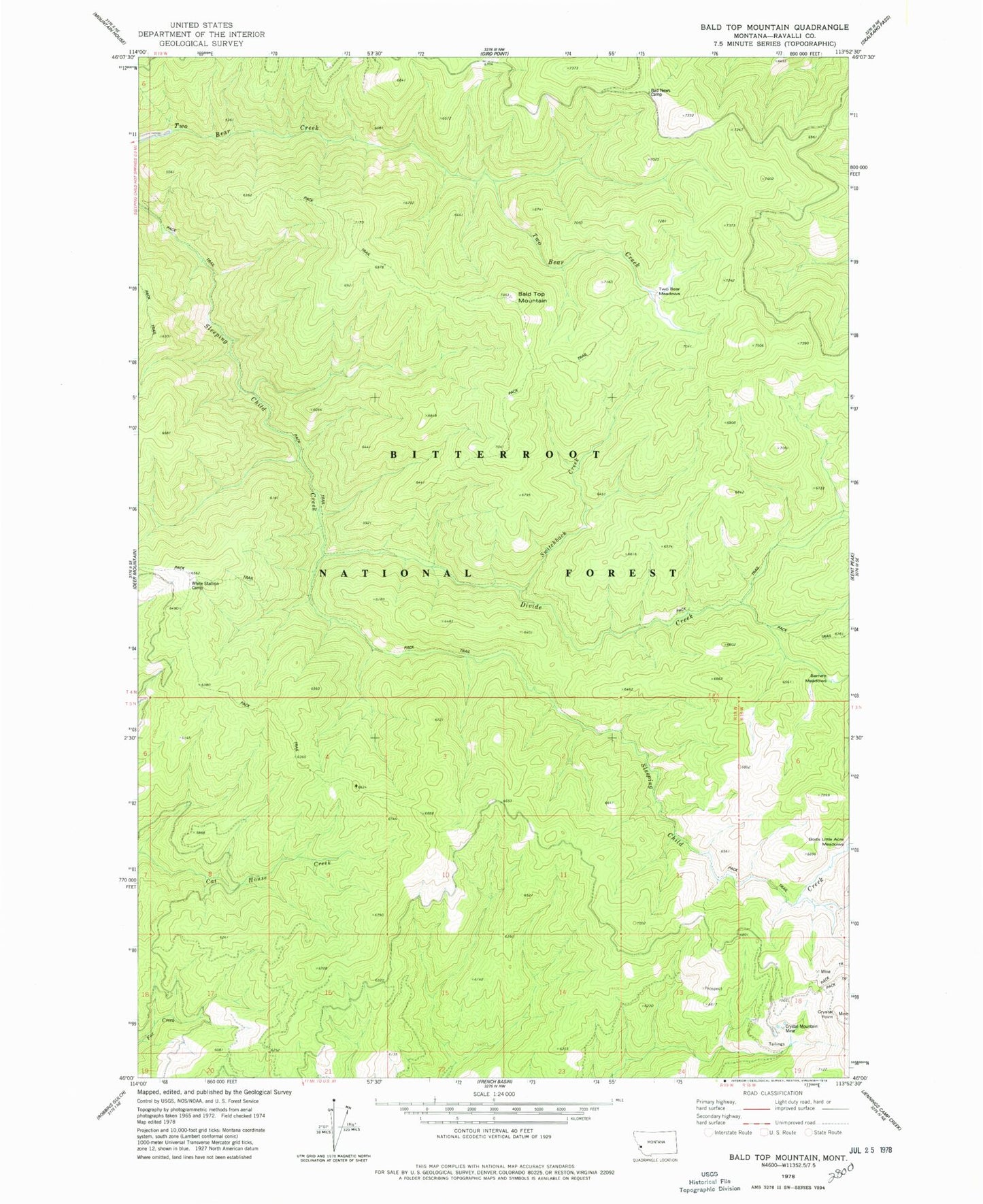 Classic USGS Bald Top Mountain Montana 7.5'x7.5' Topo Map Image