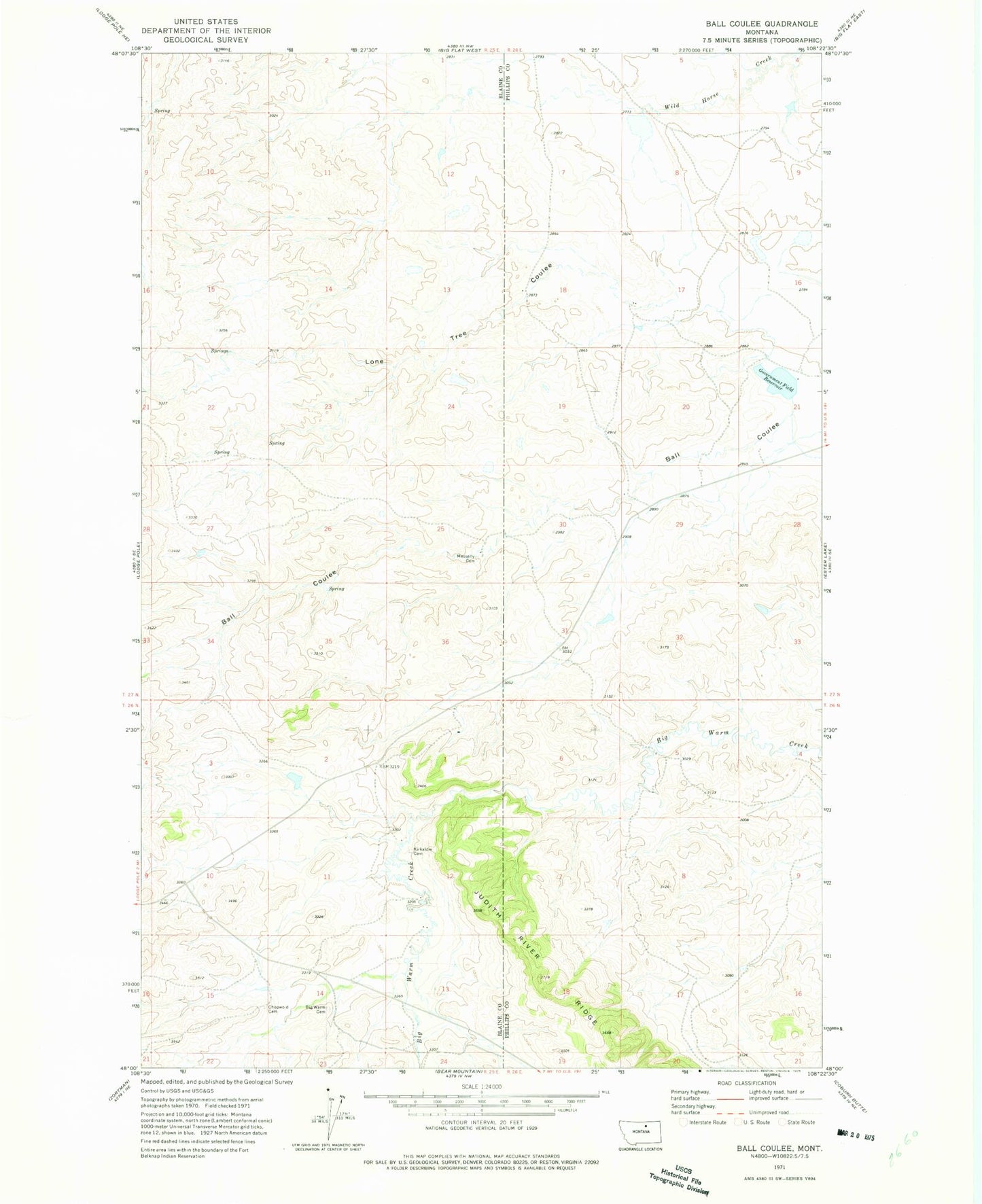 Classic USGS Ball Coulee Montana 7.5'x7.5' Topo Map Image