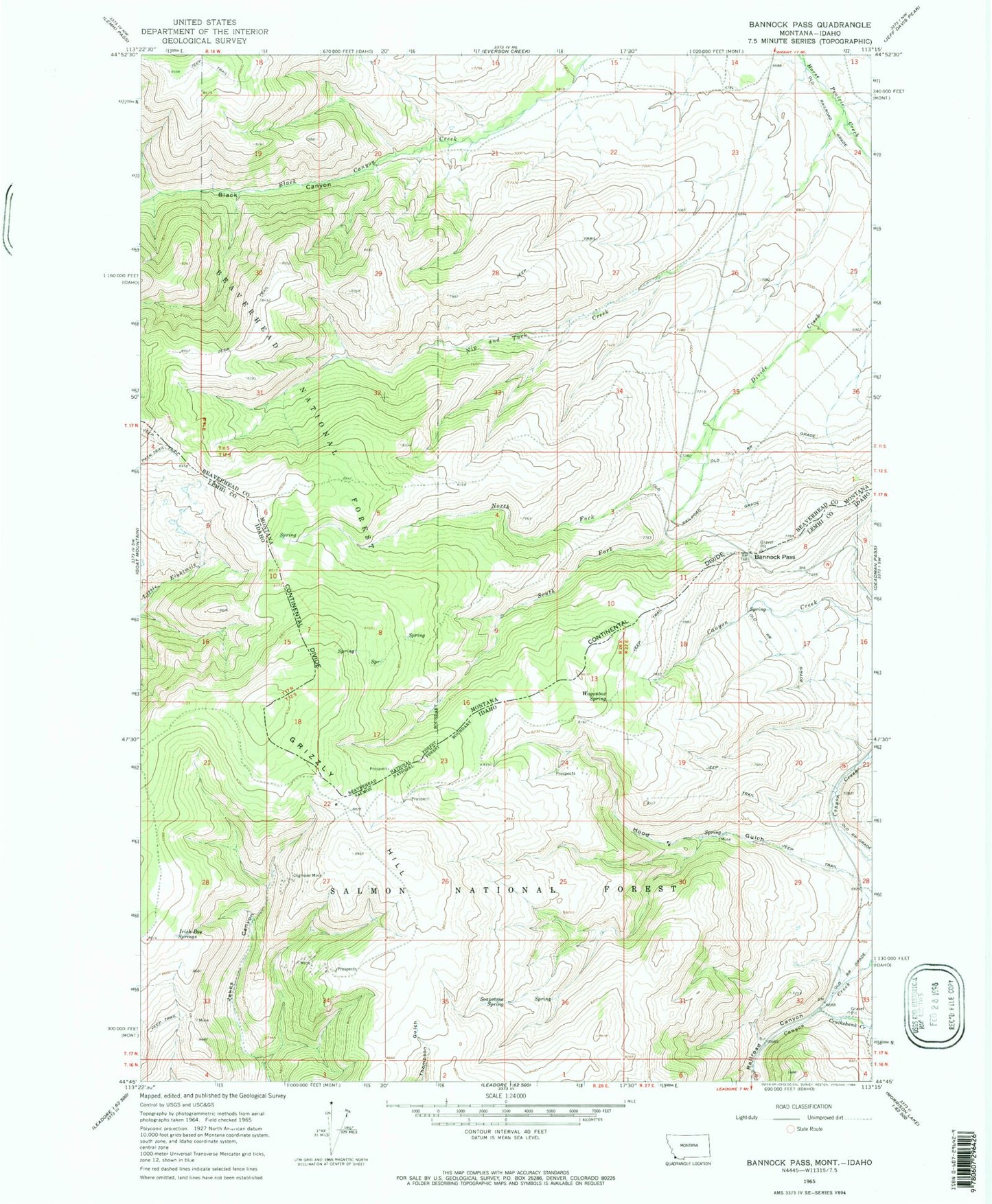 Classic USGS Bannock Pass Montana 7.5'x7.5' Topo Map Image