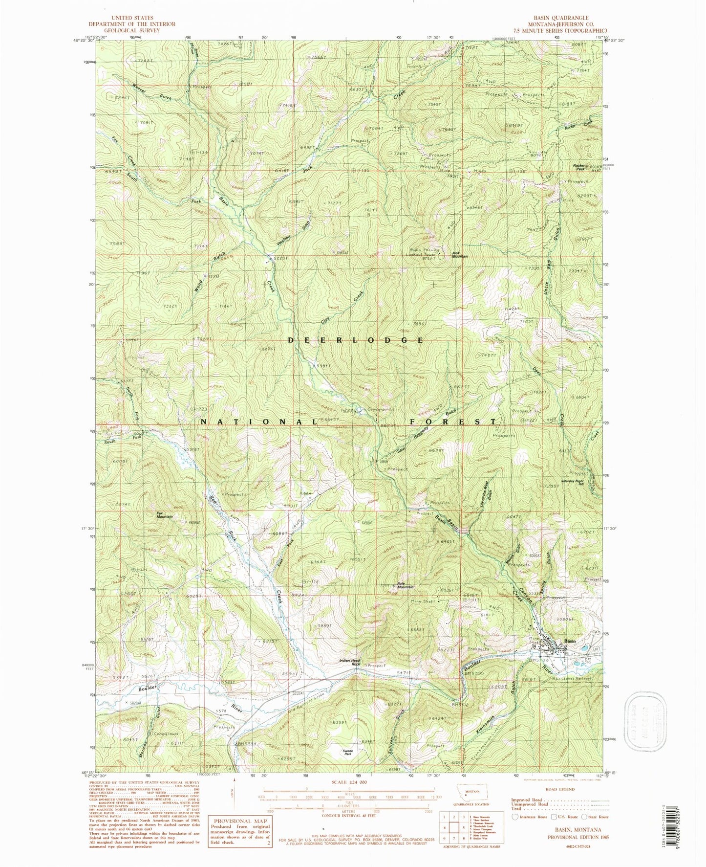 Classic USGS Basin Montana 7.5'x7.5' Topo Map Image