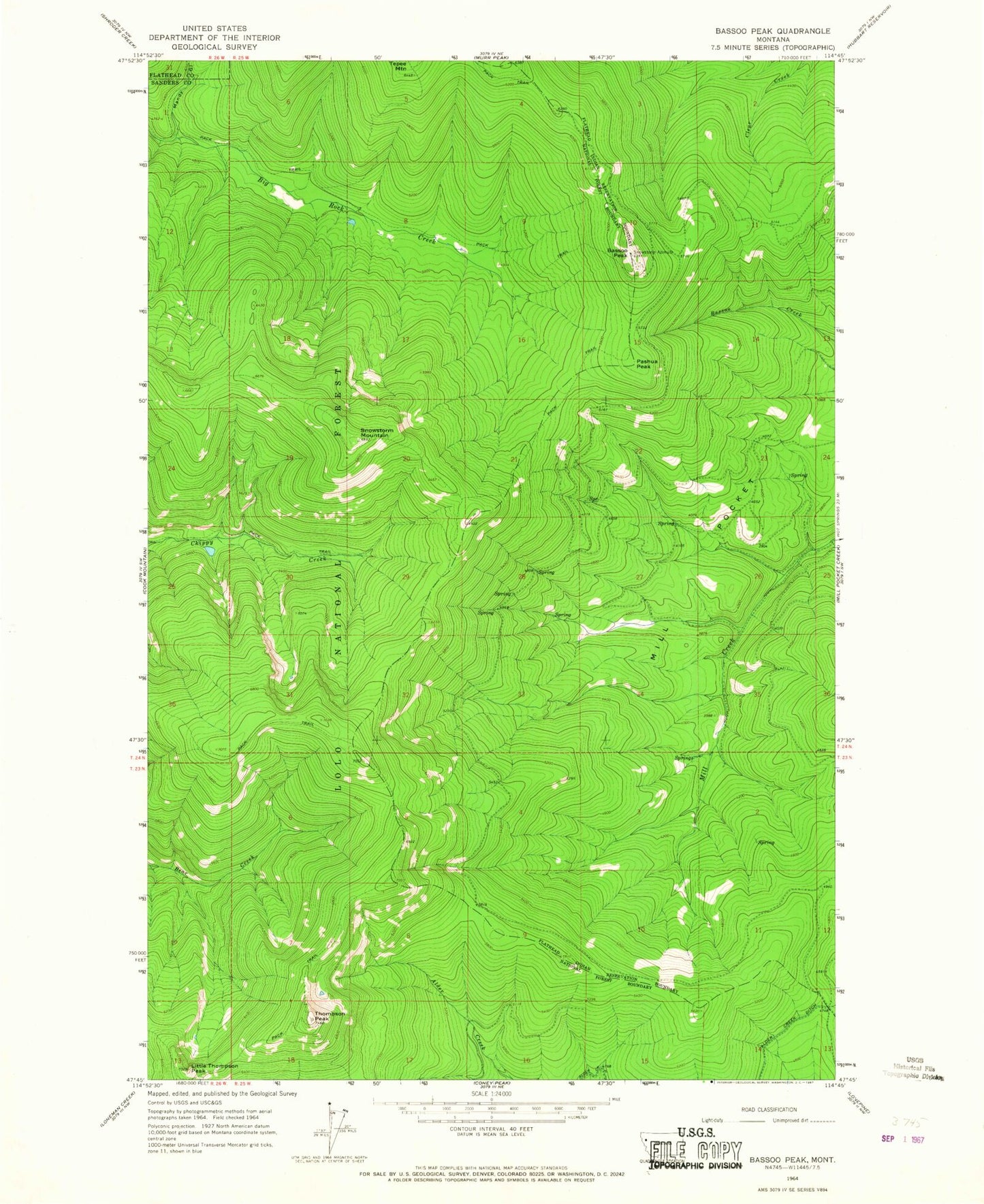 Classic USGS Bassoo Peak Montana 7.5'x7.5' Topo Map Image