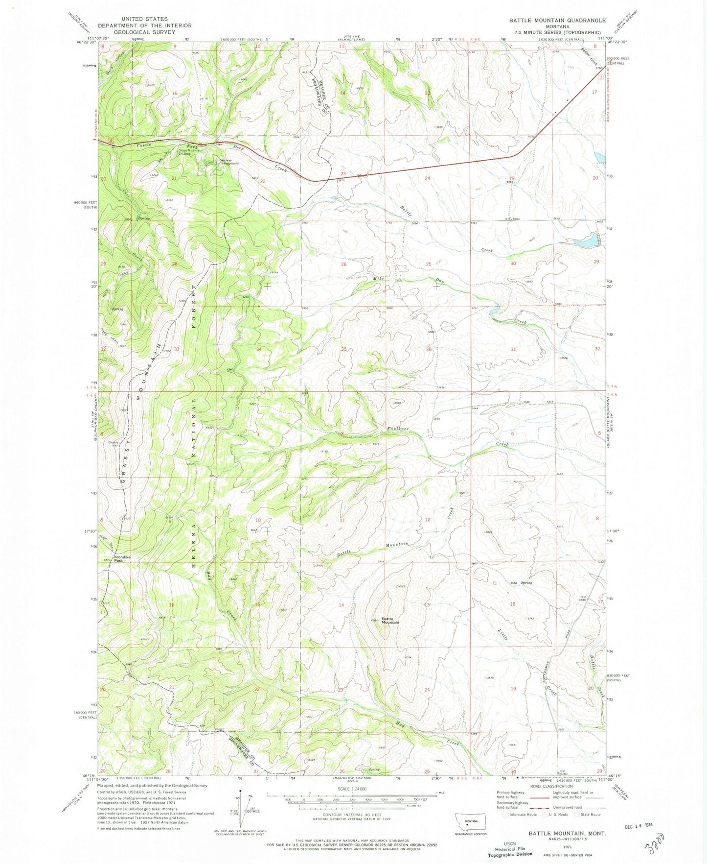 Classic USGS Battle Mountain Montana 7.5'x7.5' Topo Map Image