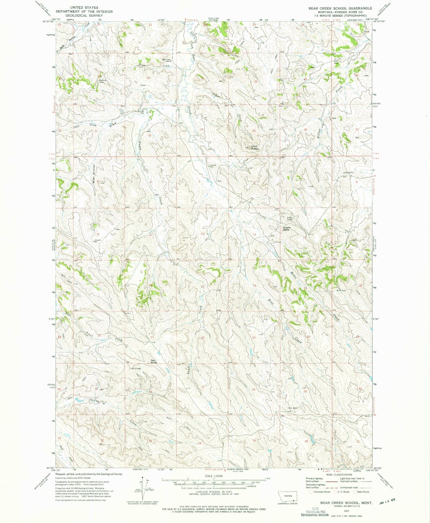 Classic USGS Bear Creek School Montana 7.5'x7.5' Topo Map Image