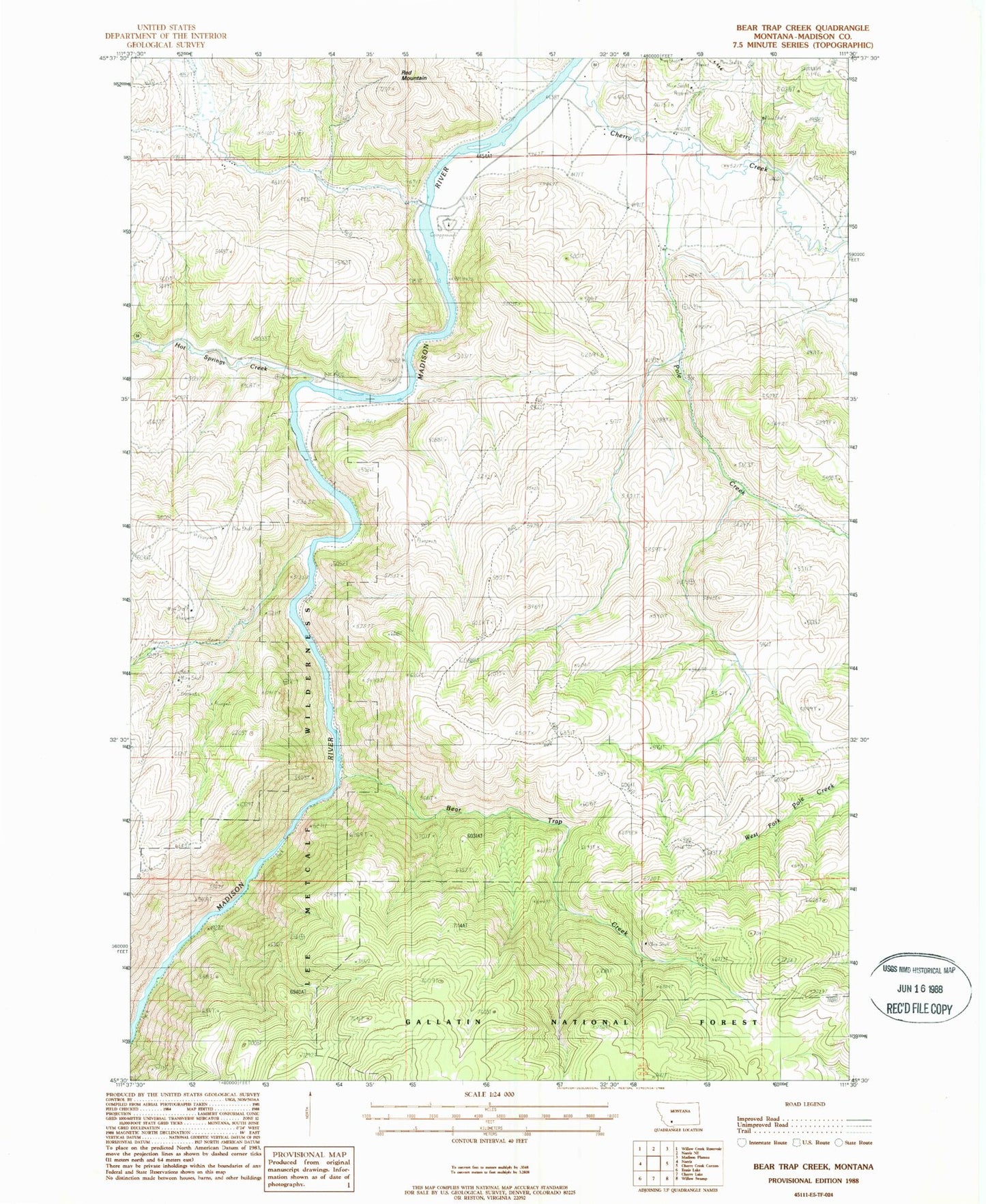 Classic USGS Bear Trap Creek Montana 7.5'x7.5' Topo Map Image