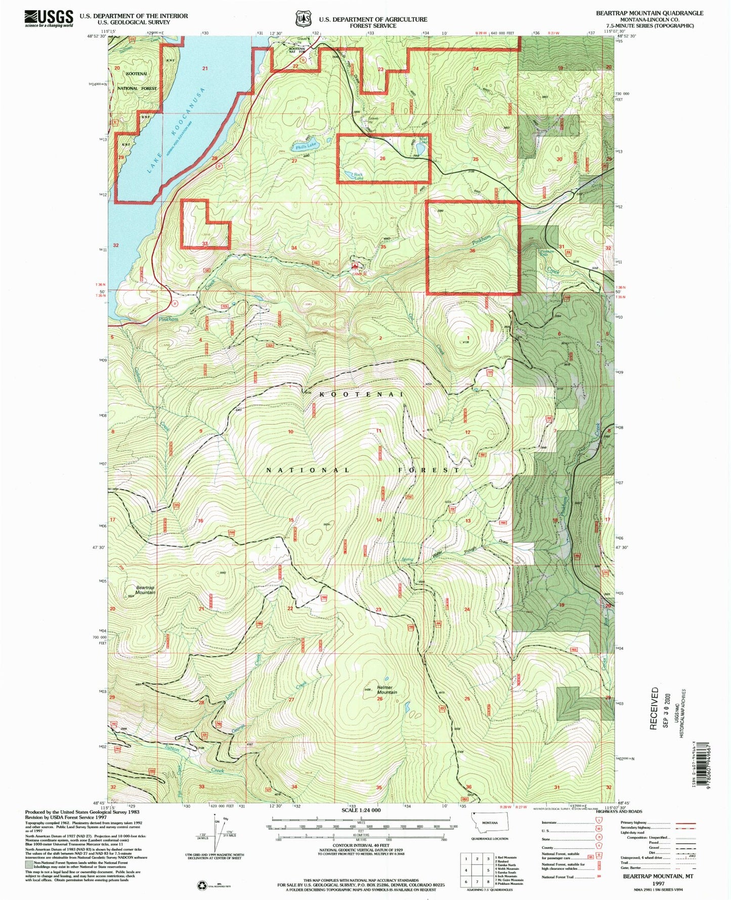 Classic USGS Beartrap Mountain Montana 7.5'x7.5' Topo Map Image