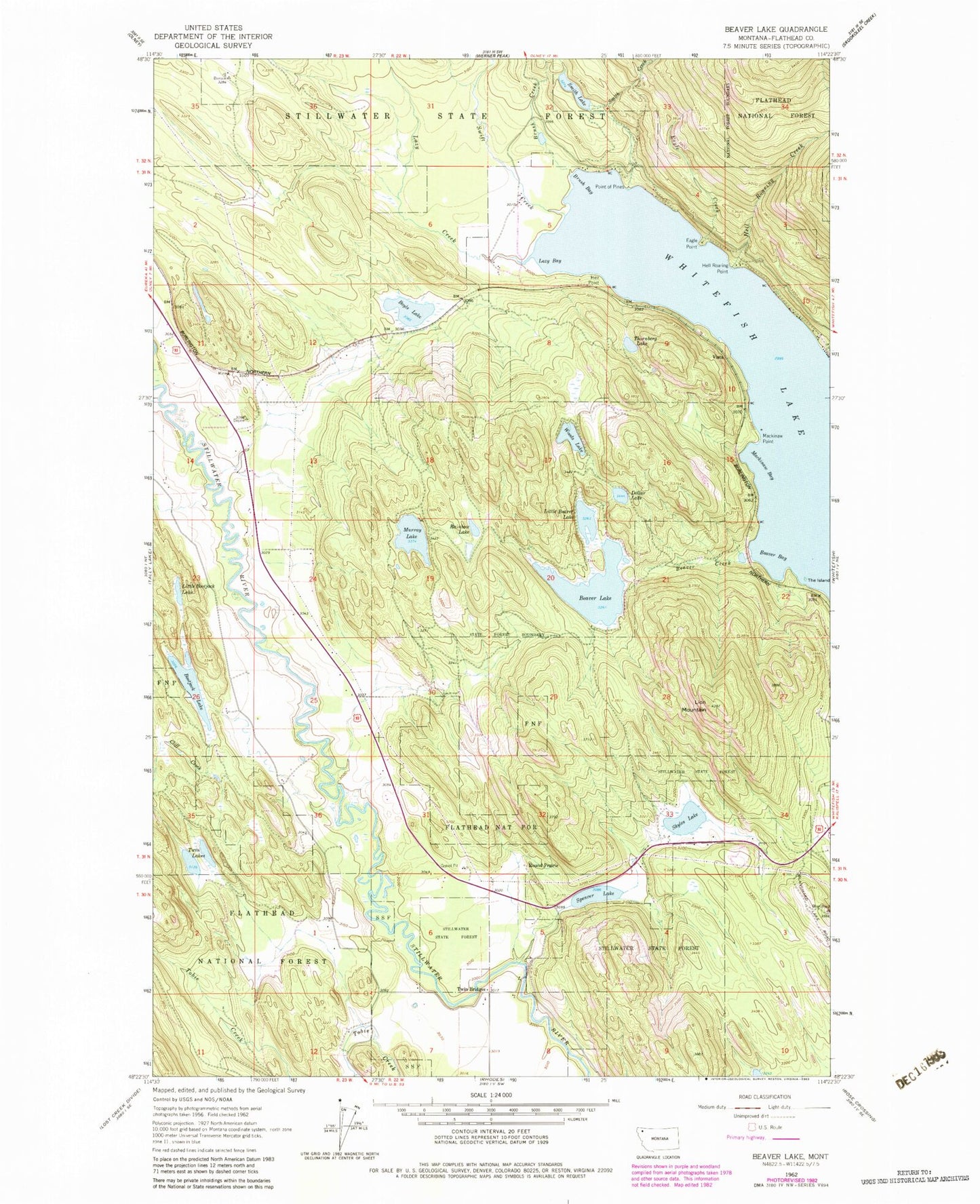Classic USGS Beaver Lake Montana 7.5'x7.5' Topo Map Image
