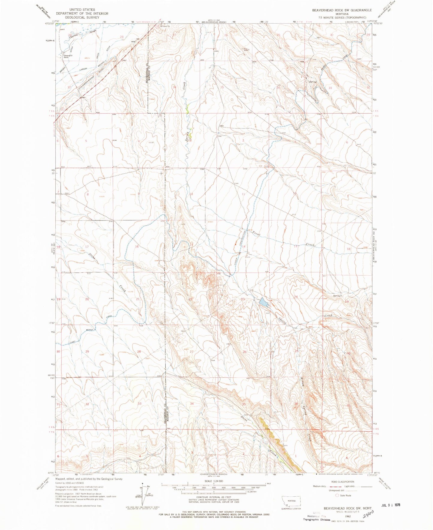 Classic USGS Beaverhead Rock SW Montana 7.5'x7.5' Topo Map Image