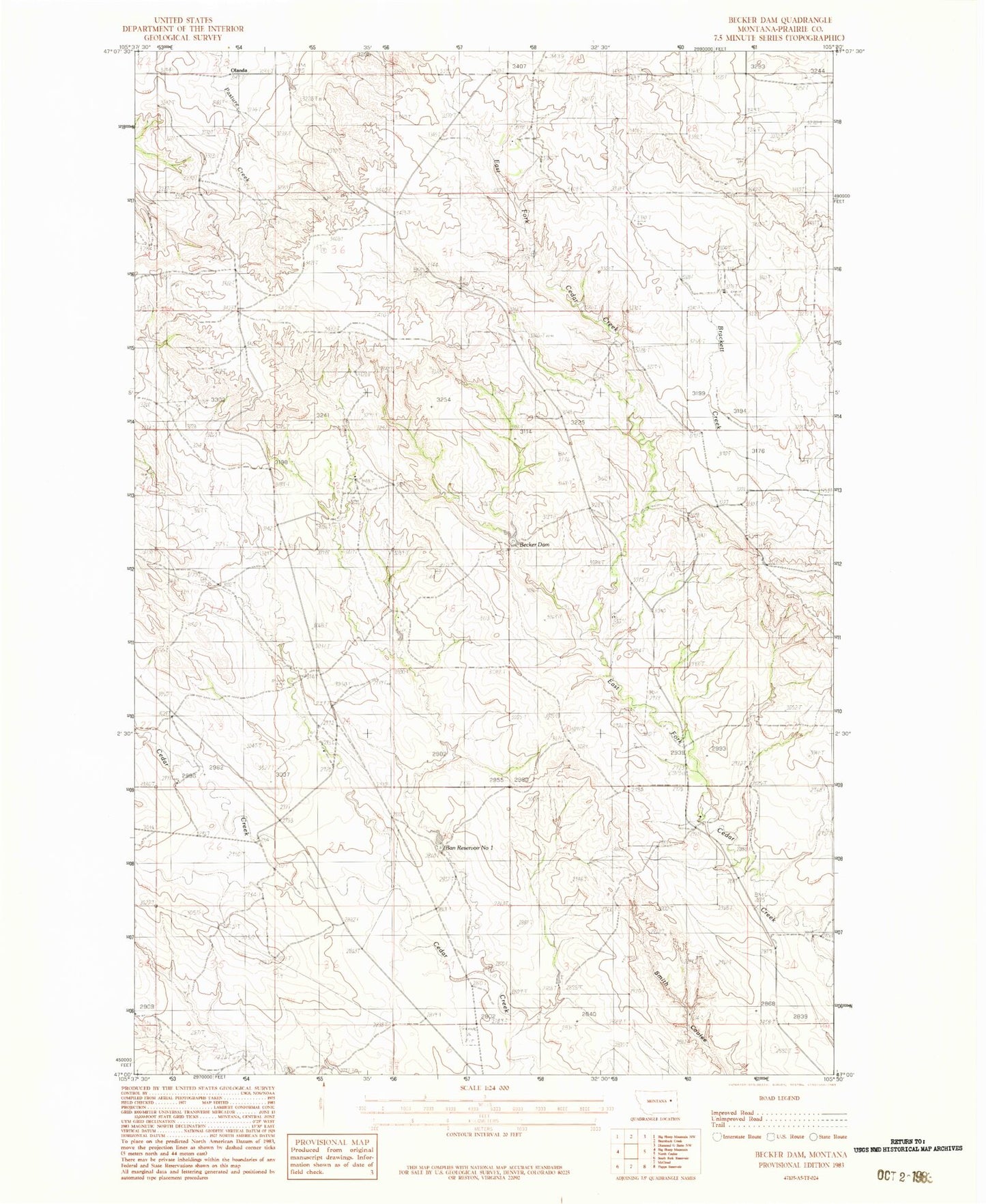 Classic USGS Becker Dam Montana 7.5'x7.5' Topo Map Image